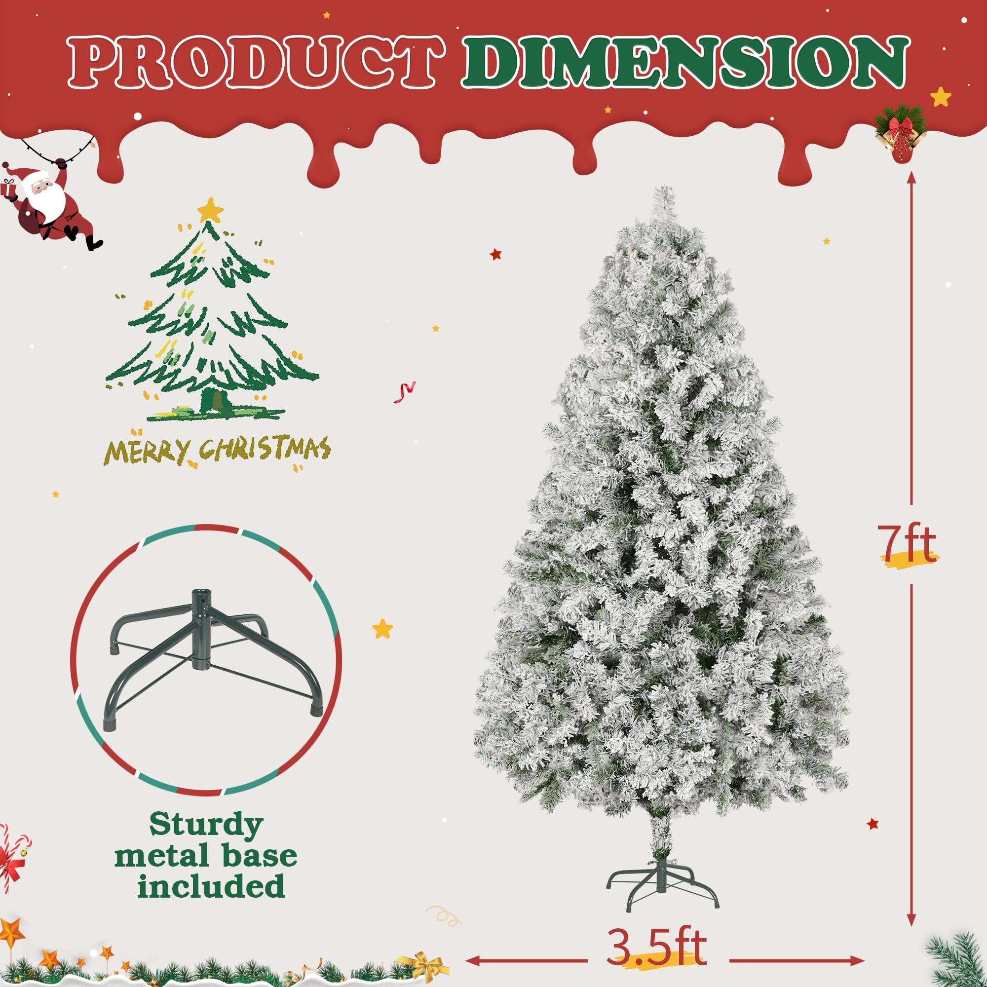 7FT Premium Artificial Christmas Tree - Snow Flocked Hinged Pine with Sturdy Metal Stand for Indoor & Outdoor Holiday Decor | Perfect for Living Room, Office, and Christmas Party Decoration