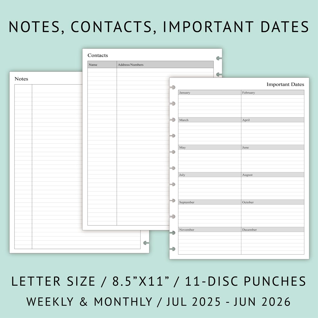 2025-2026 Weekly Planner Refill Pages for 11-Discbound Notebooks | July 2025 - June 2026 Calendar | Monthly Tabs & 11-Disc Punch Holes | Letter Size 8.5