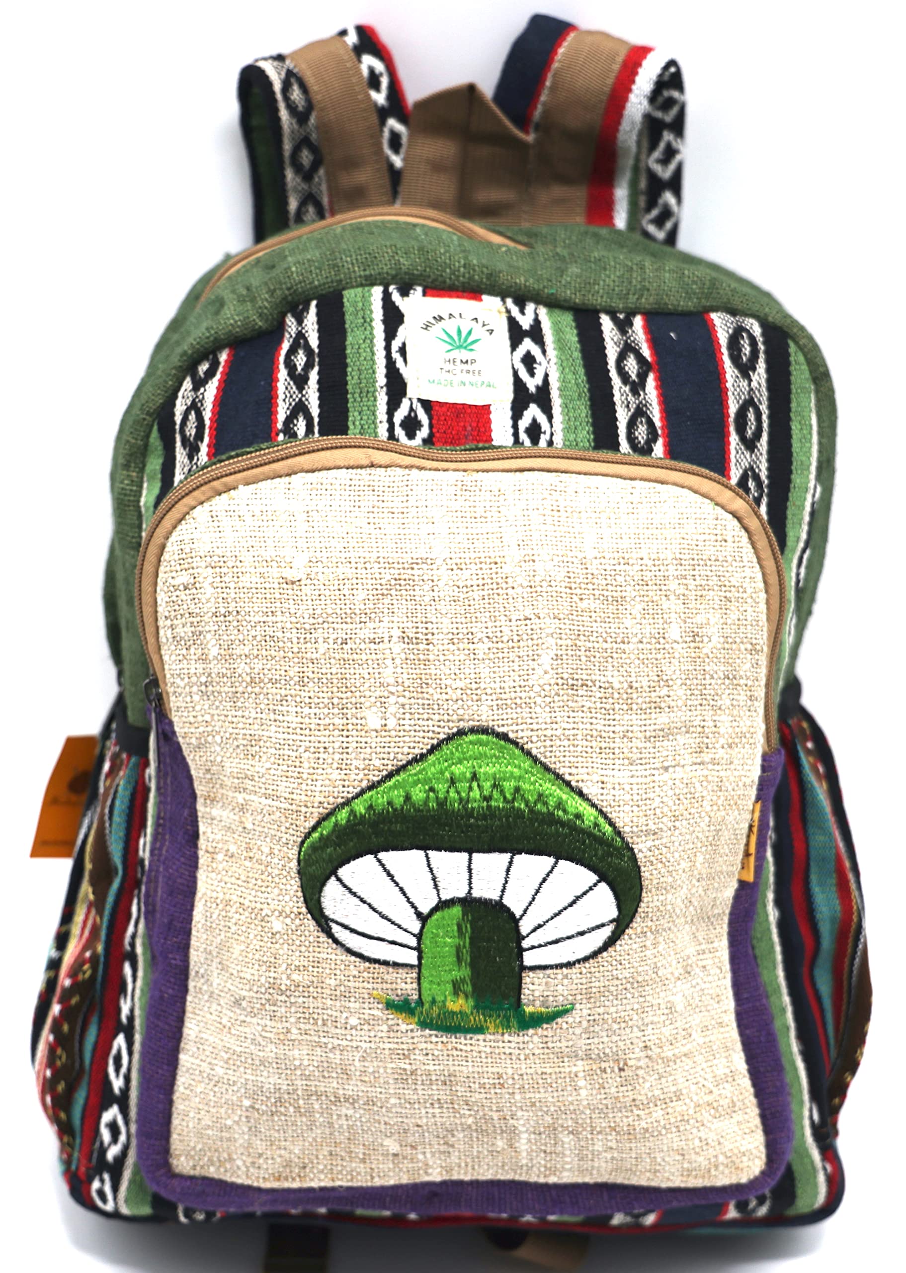 Handmade Unique Mushroom Embroidery 100% Himalayan Hemp Backpack - Eco-Friendly Hippie Festival, Hiking & Laptop Bag for Women & Men (Green) - Perfect for Outdoor Adventures, Travel & Daily Use