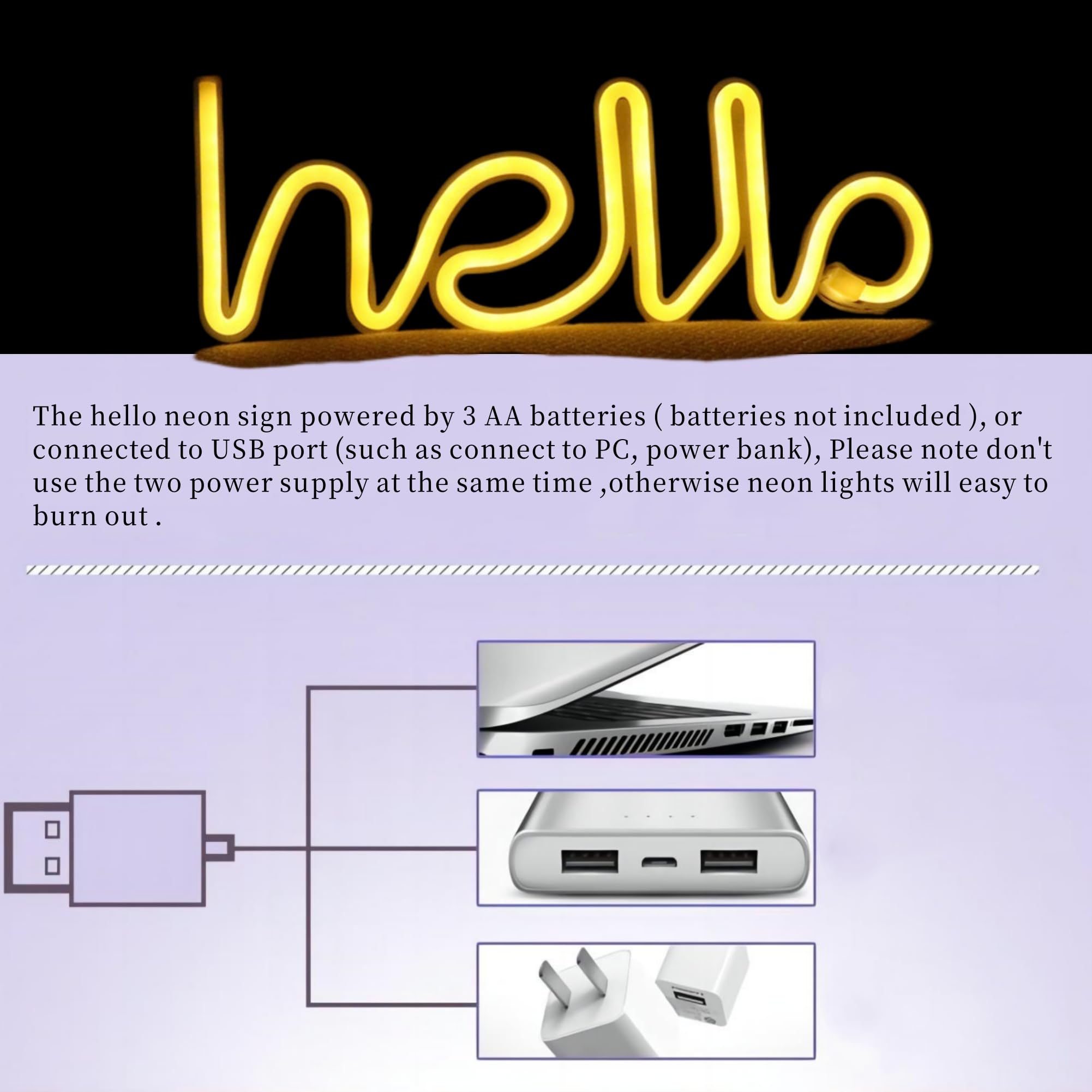 LED Hello Neon Sign - Warm White Word Art Light for Wall Decor, Christmas, Kids Room & Living Room | USB/Battery Powered | Perfect for Bedroom, Party & Home Decoration