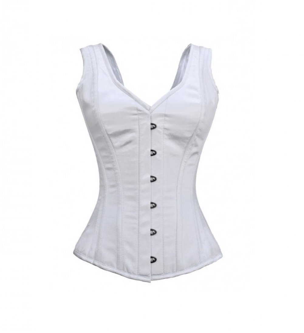 White Satin Overbust Corset with Shoulder Straps - Gothic Burlesque Waist Training Bustier for Cosplay, Lingerie & Victorian Fashion
