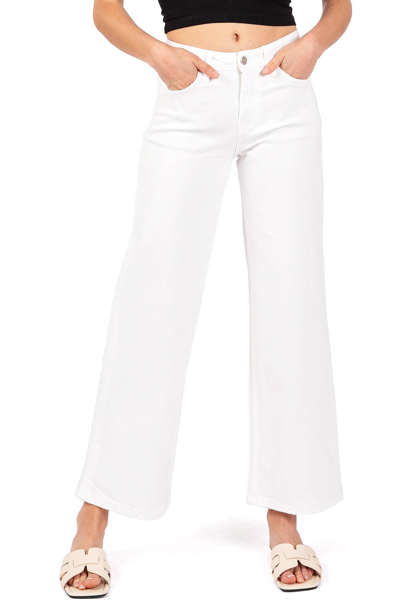 Vervet Women's High Waist Wide Leg Jeans - Stretch Denim Pants in White (Size 25) for Casual Outfits, Office Wear & Weekend Style