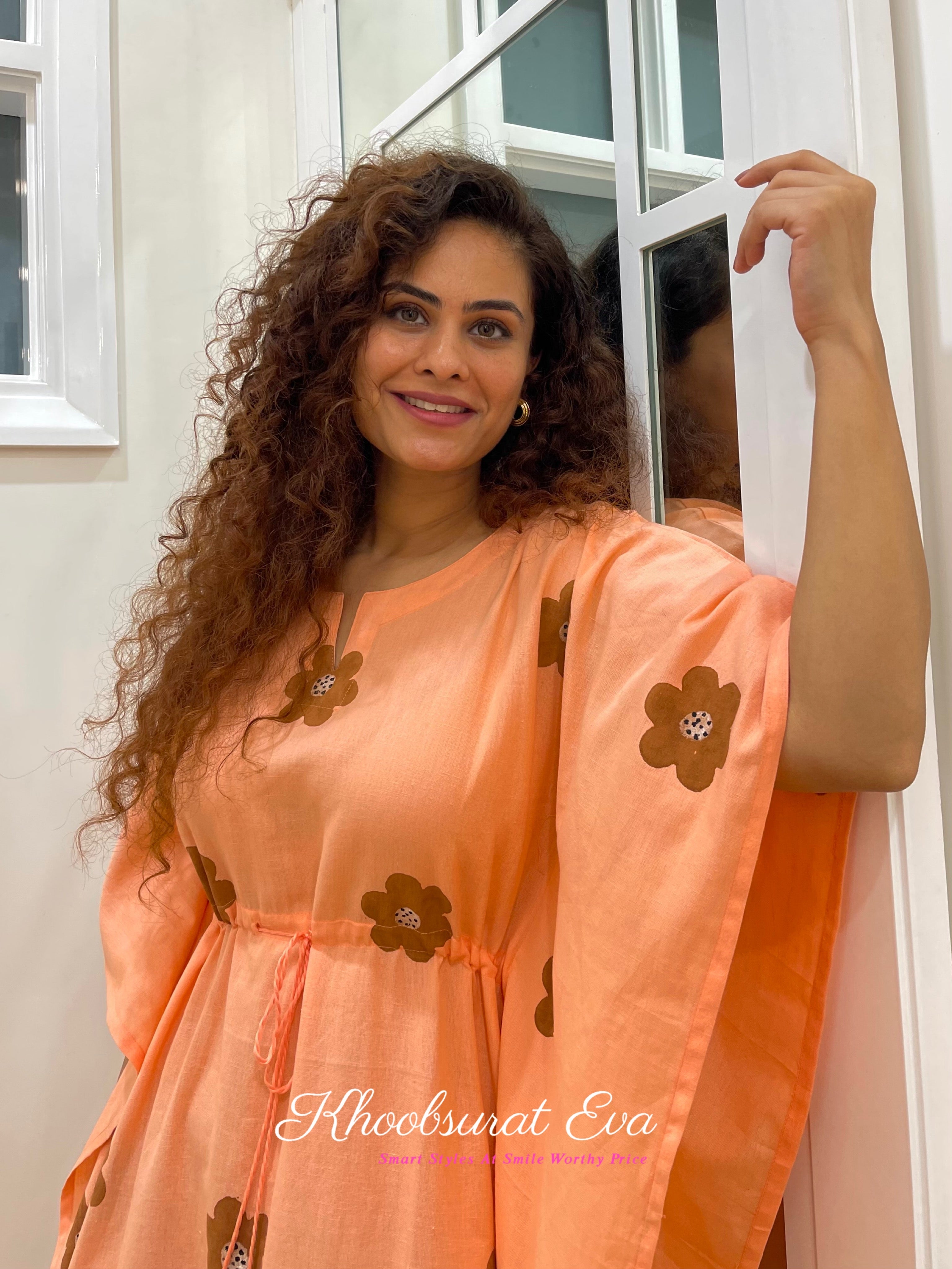 Hand Painted Peach Cotton Kaftan Dress - Boho Chic Beach Cover Up for Women - Perfect for Summer Vacations, Pool Parties & Resort Wear