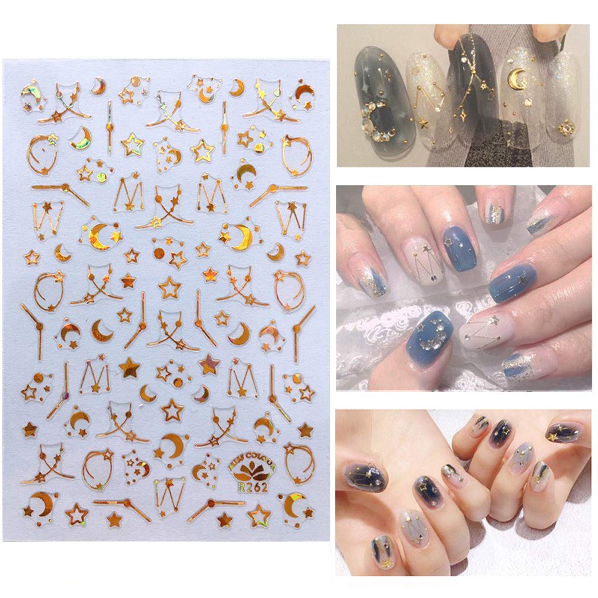 Yiicon 5 Sheets 3D Nail Art Stickers - Metallic Star & Moon Glitter Nail Decals for Acrylic & UV Gel Nails | Self-Adhesive Nail Art Designs for Salon, Home Manicure & Party Nail Decor