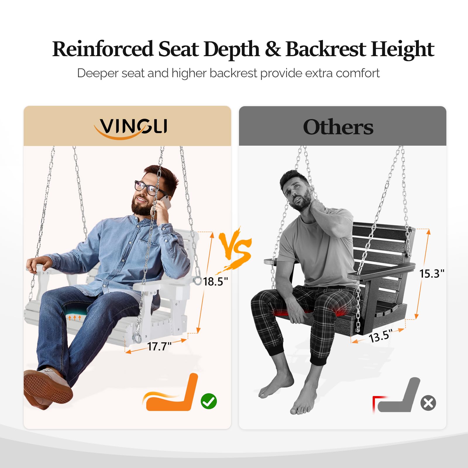 VINGLI Heavy Duty 440 LBS Capacity Wooden Porch Swing - Single Person Outdoor Swing with Deep Seat, High Backrest & Cup Holder for Adults & Kids - Perfect for Patio, Garden, Balcony, Backyard & Tree Hanging (White)