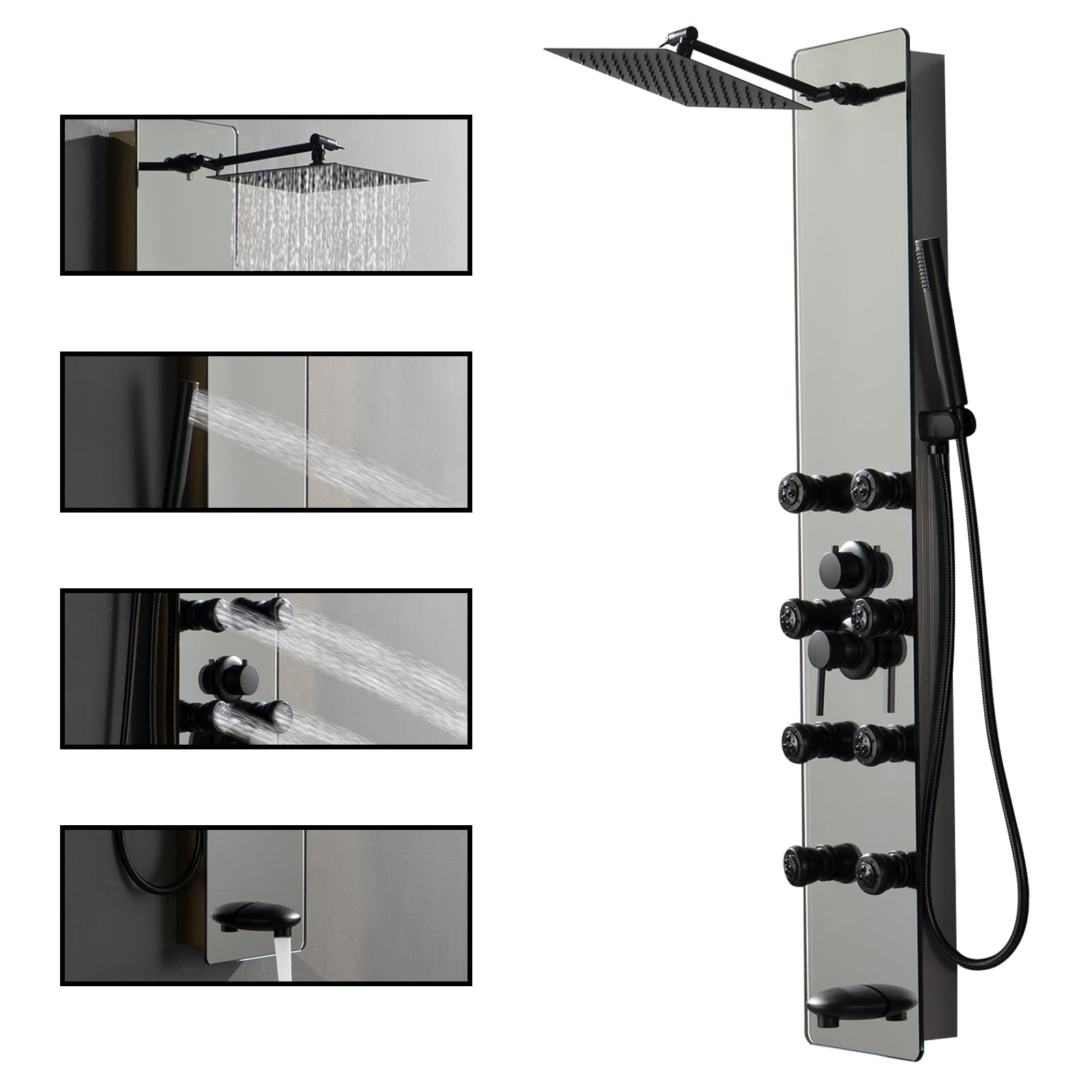 Premium 2-in-1 Shower Panel System with Rainfall Shower Head, Adjustable Handheld Spray & Body Jets - Brushed Stainless Steel & Glass Design for Modern Bathrooms | Perfect for Spa-Like Experience & Luxury Home Renovation