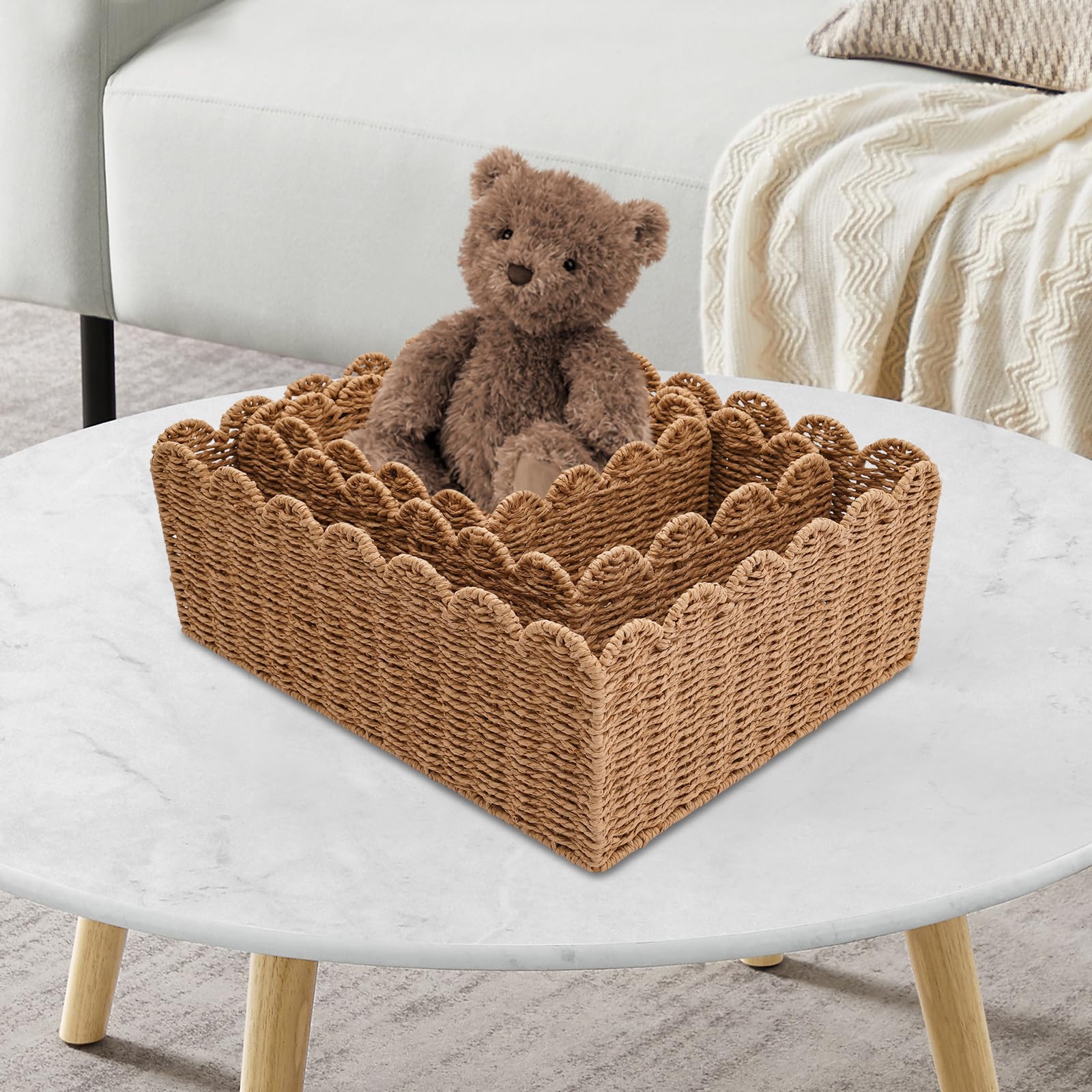 3-Piece Woven Rattan Storage Baskets Set with Lids - Scalloped Edge Home Decor Organizer (4.33/5.12/6.1 Inch Height) - Perfect for Bathroom, Bedroom & Nursery Storage