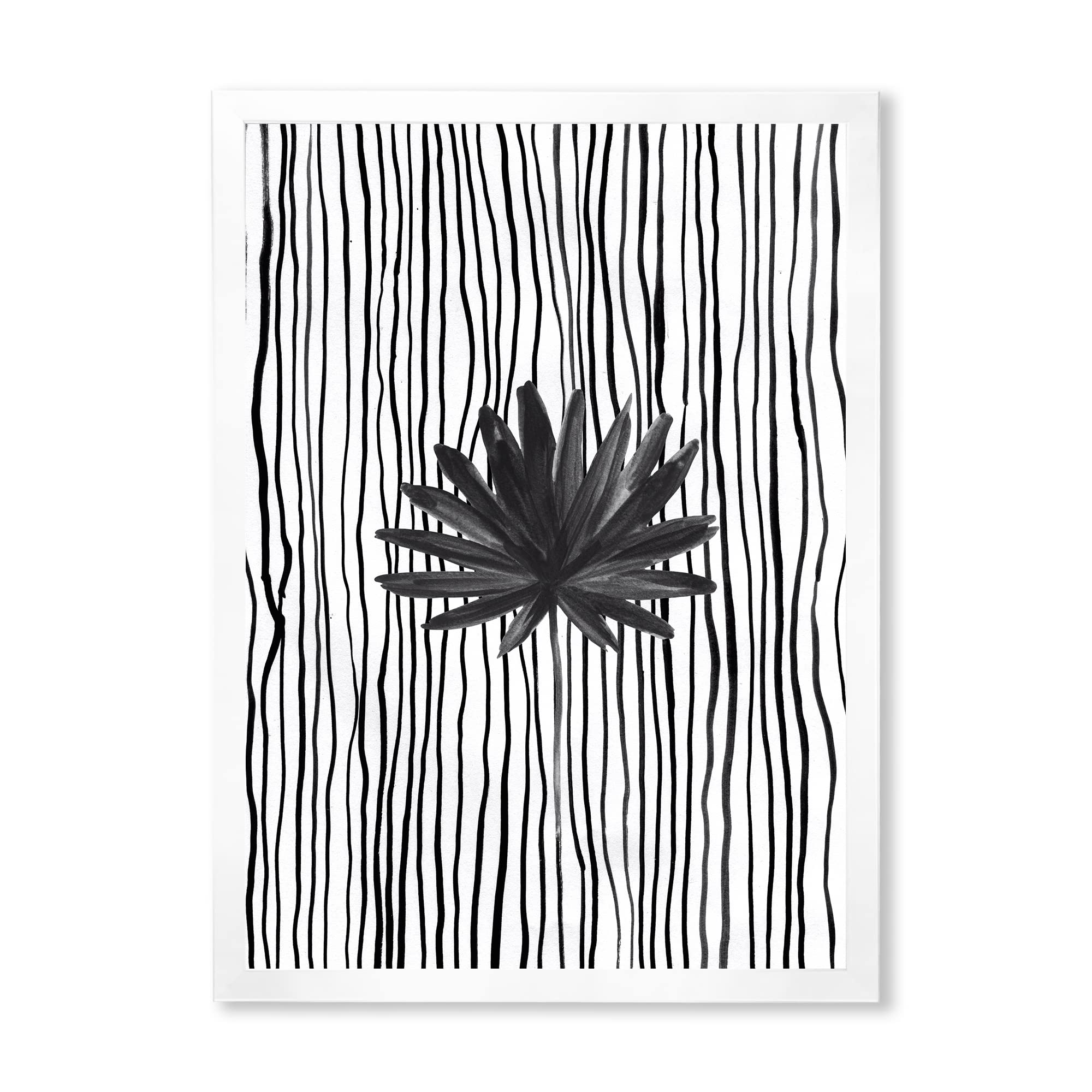DesignQ Black and White Tropical Leaf on Striped Modern Framed Wall Art - Perfect for Living Room, Bedroom & Office Decor