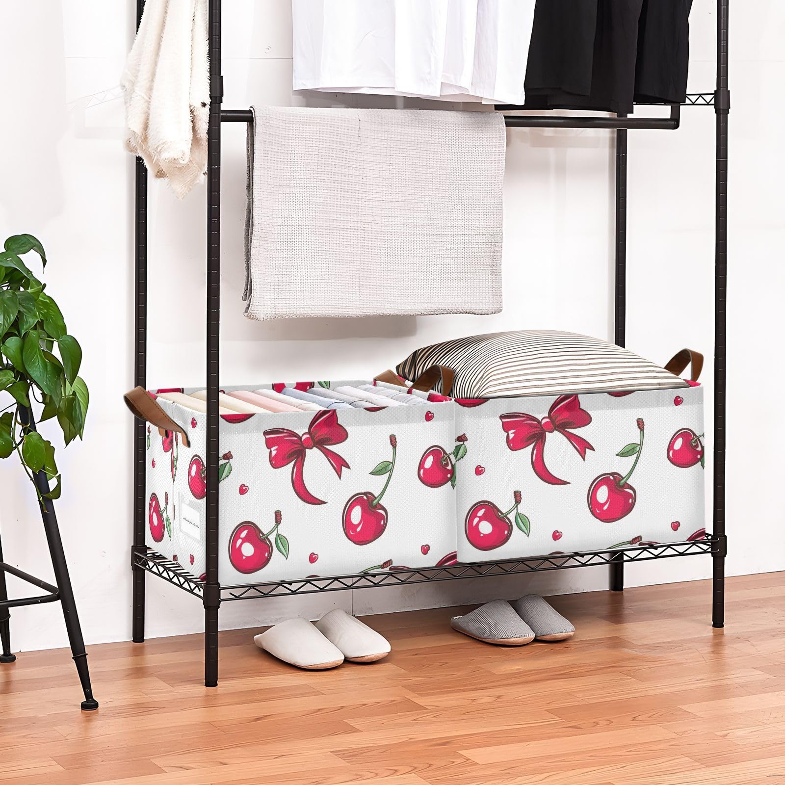 Foldable Storage Bins with Handles - 2 Pack Cherry Red Fabric Storage Cubes (16.9