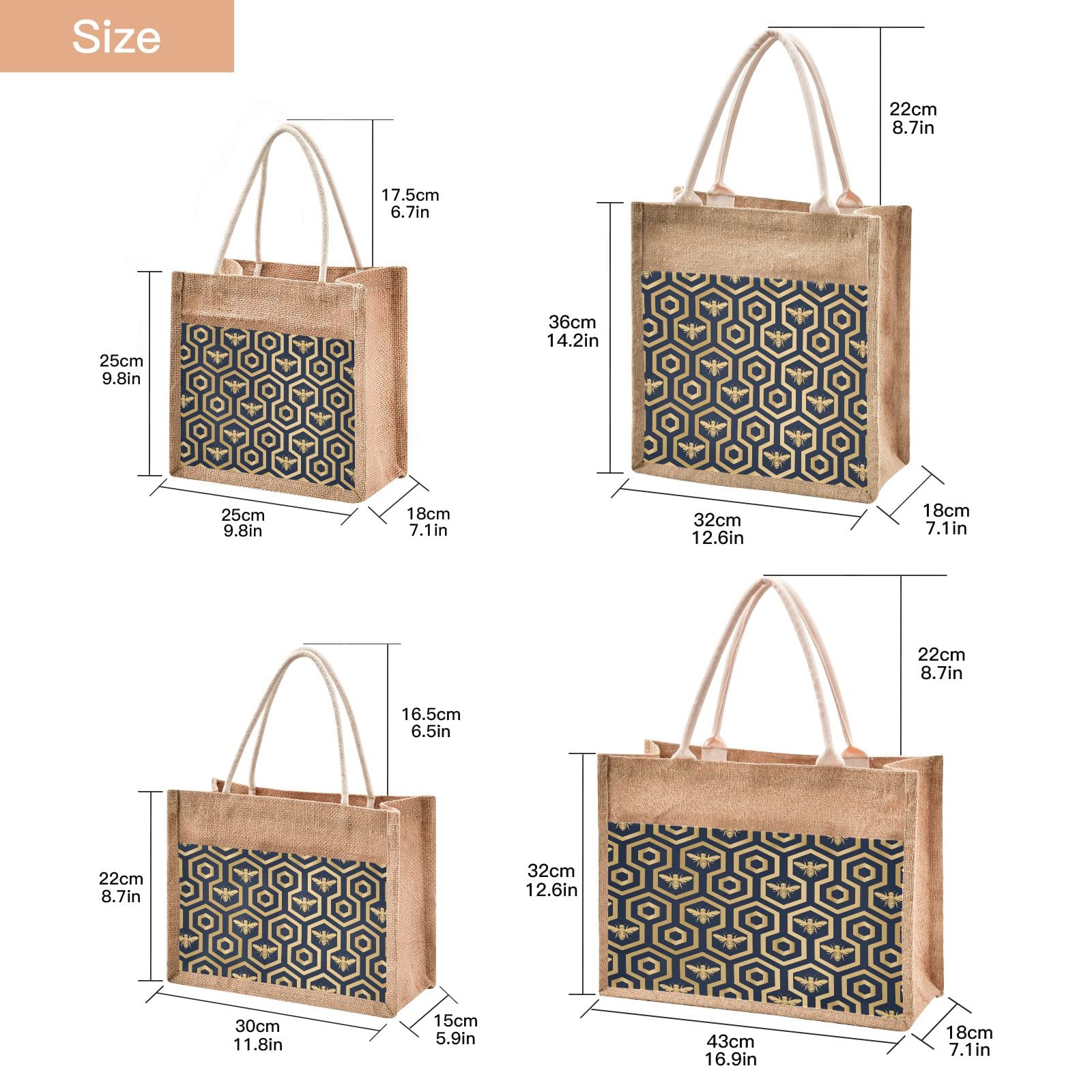 Linqin Hexagon Pattern Jute Tote Bag - Waterproof Burlap Straw Grocery Shopping Bag for Women, Eco-Friendly Beach Tote & Travel Bag - Perfect for Farmers Market, Picnic, and Summer Outings