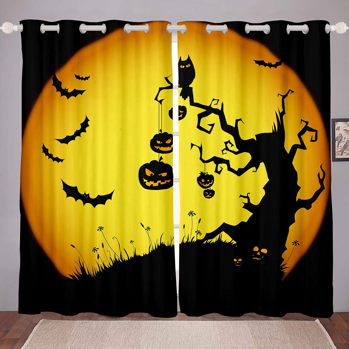 Halloween Window Curtains - Cartoon Full Moon & Pumpkin Lantern Bat Design, 2-Panel Set (104Wx90L inches) | Blackout Microfiber Fabric with Steel Grommet Top | Perfect for Bedroom Decor, Party & Seasonal Home Decoration