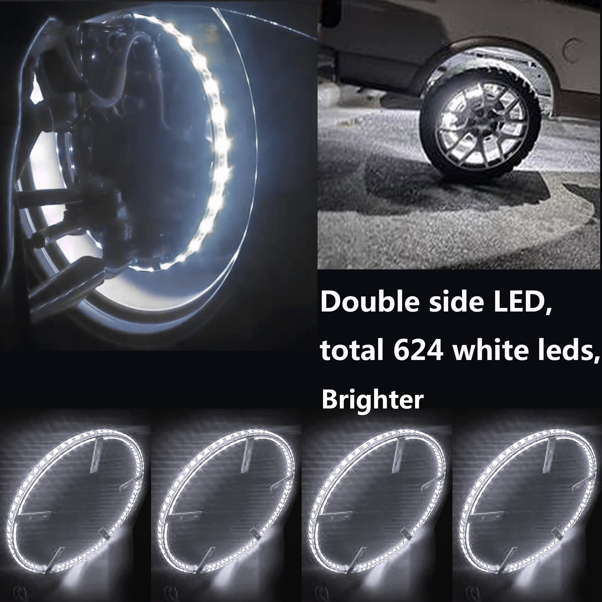 4Pcs 17-Inch Waterproof LED Wheel Ring Lights - Double Side White, APP & RF Remote Control - Compatible with Trucks, Cars, Pickups, SUVs & Campers - Perfect for Night Driving, Car Shows & Off-Road Adventures