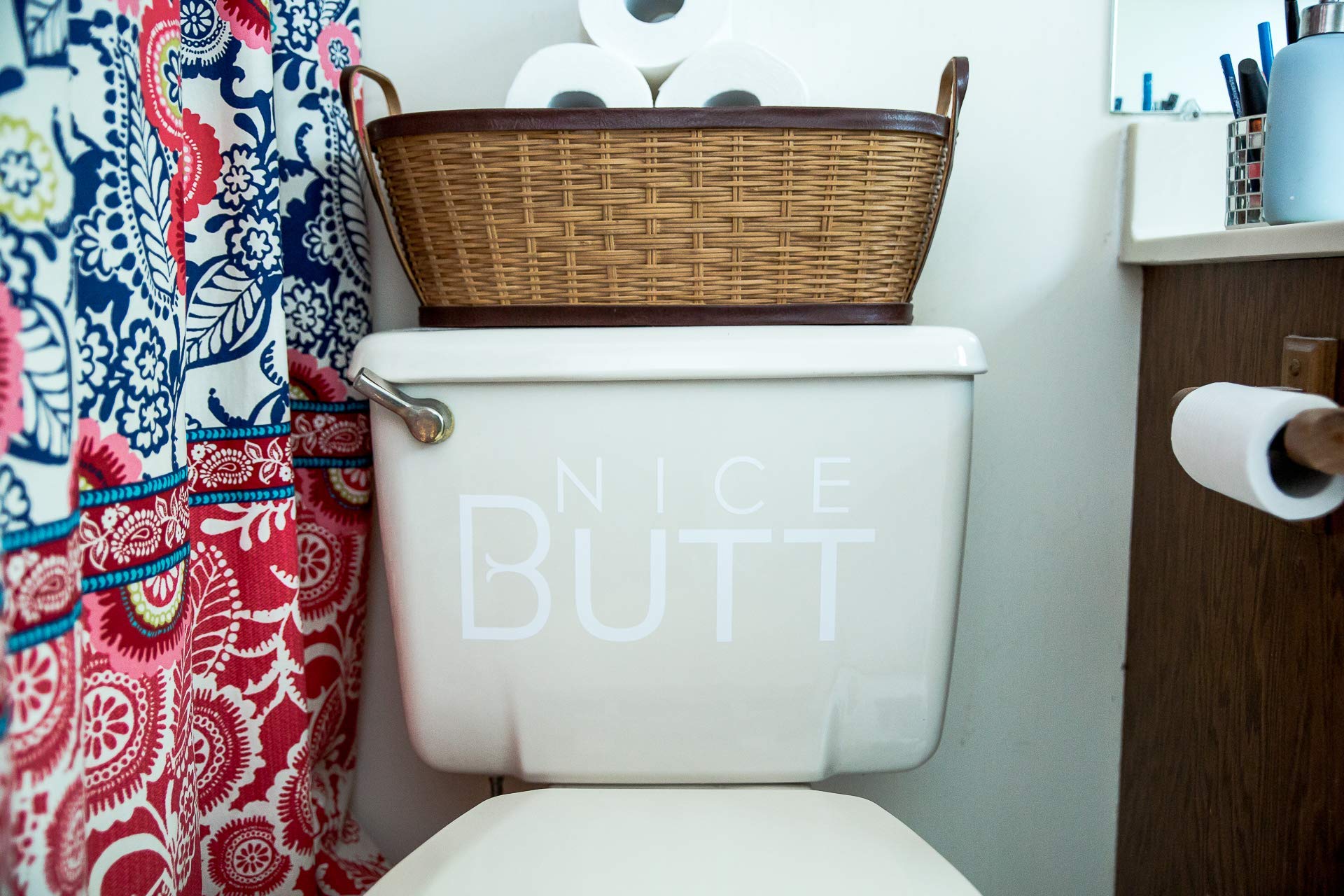 Funny Bathroom Sign - Nice Butt Black Vinyl Toilet Decoration with Humorous Quote | Perfect for Home, Office or Restaurant Restroom Decor (White)