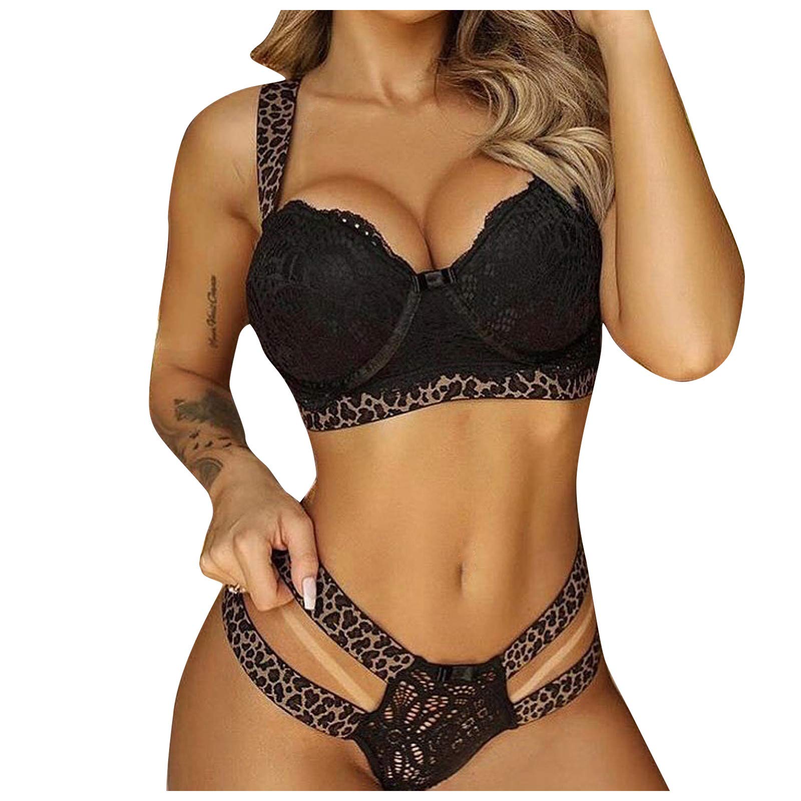 Kingtowag Lace Leopard Print Push Up Corset Lingerie Set for Women - Sexy Stitched Underwear with Comfort Fit (Black, Size S) | Perfect for Valentine's Day, Bridal Shower & Romantic Nights