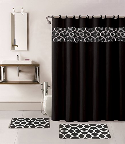 Luxury 15-Piece Hotel Bathroom Set - 2 Non-Slip Bath Mats, Fabric Shower Curtain with 12 Hooks (Geometric Black) | Various Colors & Designs | Perfect for Spa, Guest Bathroom & Upscale Home Decor