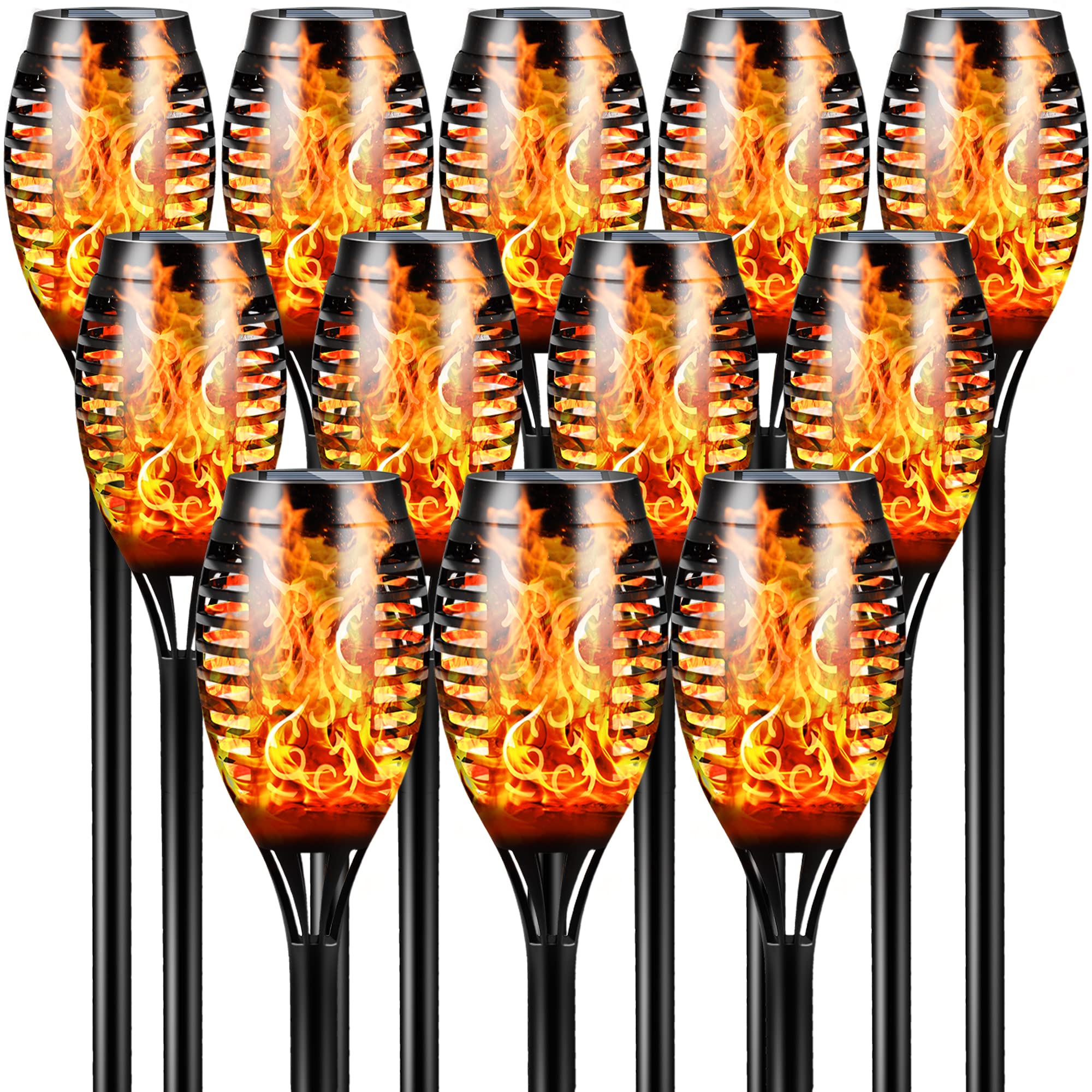 12 Pack Solar Tiki Torches Outdoor Lights - 12LED Waterproof Flickering Flame Torch Lights with Auto On/Off - Perfect for Garden, Patio, Yard, Pathway & Outdoor Decor - IP65 Rated for All Weather Use