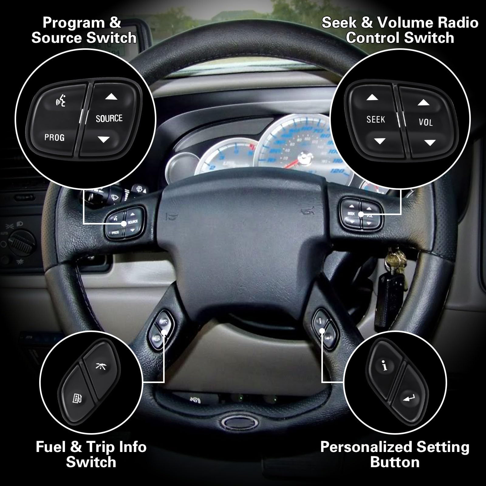 LCWRGS Steering Wheel Control Switch Button Compatible with 2003-2009 Chevy Silverado Suburban Tahoe, GMC Sierra Yukon Envoy, Cadillac Escalade - Replaces Part #21997738, 21997739, 1999442, 1999443 | Perfect for Easy Audio and Cruise Control Operation While Driving