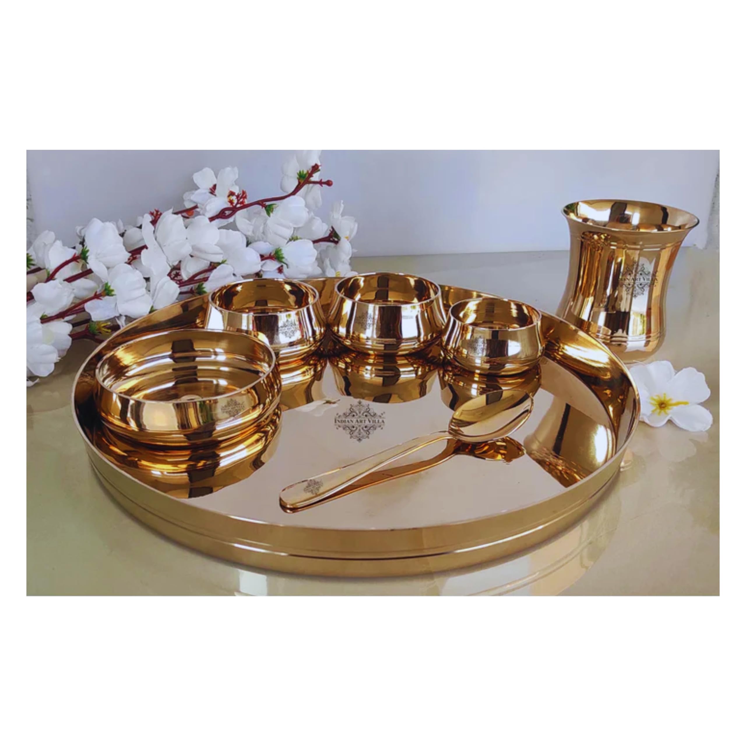 Indian Art Villa Pure Bronze 7-Piece Dinner Set - 1 Thali, 1 Glass, 1 Halwa Plate, 1 Spoon, 2 Bowls & 1 Small Chutney Bowl in Gold Finish | Elegant Dining Set for Indian Cuisine, Wedding Gifts & Home Decor
