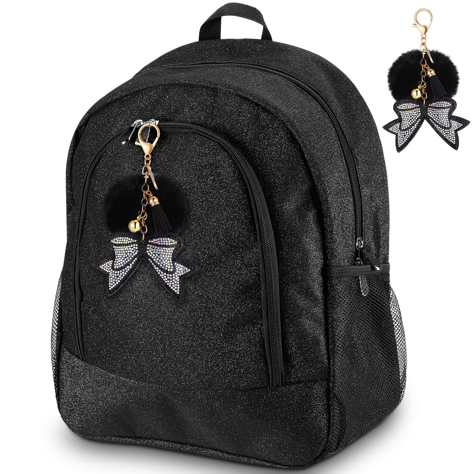 Cheerleading Glitter Backpack with Cheer Bow Keychain - Large Black Sports Bag for Cheerleaders | Perfect Gift for Cheer Team Members & Game Day Essentials