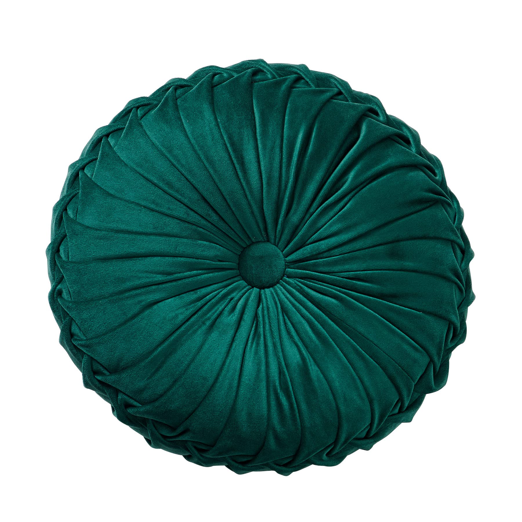 Round Velvet Throw Pillow - 14 Inch Pleated Decorative Cushion for Couch, Chair, Bed & Car - Soft Home Decor Accent in Dark Green - Perfect for Living Room, Bedroom & Office Decor