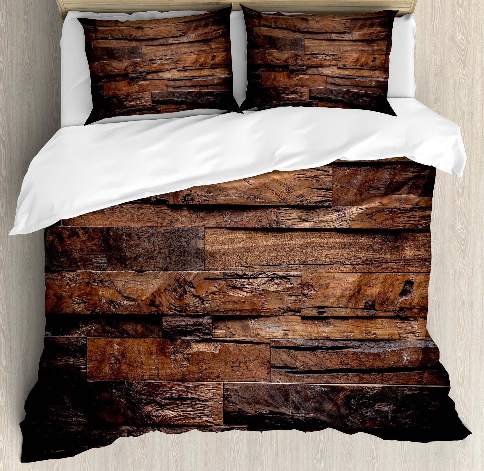 Ambesonne Chocolate Brown Duvet Cover Set - King Size 3 Piece Bedding with 2 Pillow Shams, Rustic Dark Timber Texture & Hardwood Carpentry Design for Cozy Country Bedroom Decor | Perfect for Farmhouse, Lodge or Cabin Style Homes