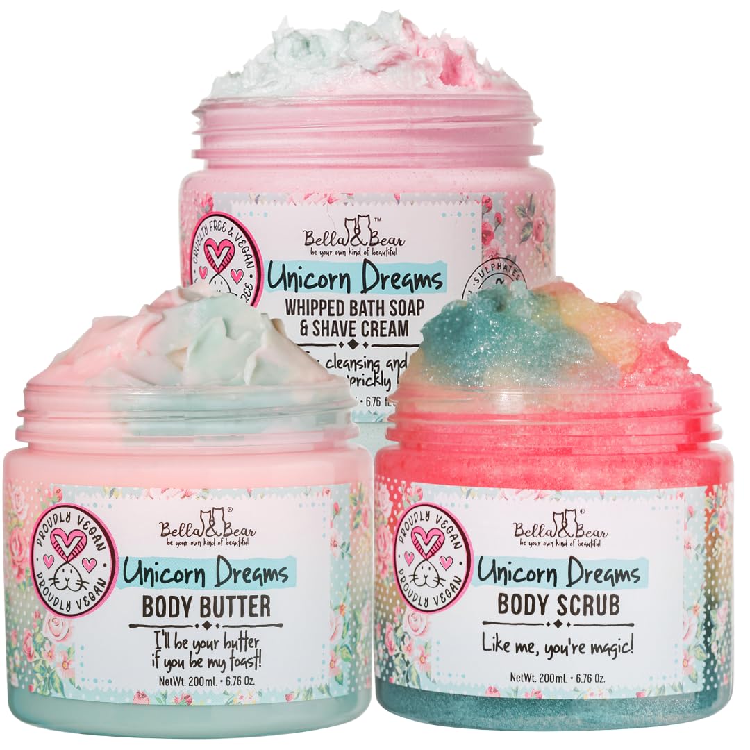 Unicorn Dreams Body Scrub, Whipped Bath Soap & Body Butter Gift Set - Exfoliating & Moisturizing Skincare Trio for Spa Day & Self Care
