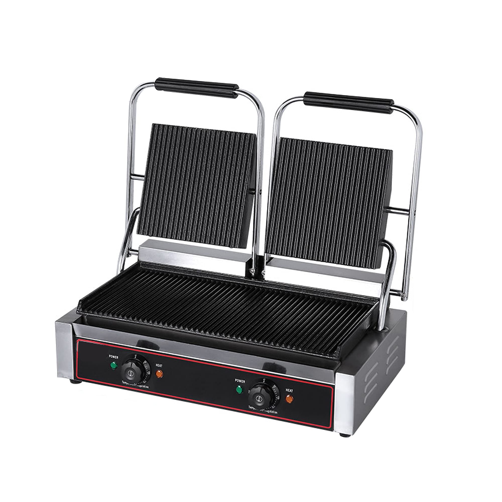 Commercial Sandwich Press Grill - 110V Electric Panini Press Maker with Adjustable Temperature (50-300°C), Non-Stick Surface & Double Flat Plates - 2400W Sandwich Toaster for Kitchen, Restaurants, Cafes, and Food Trucks