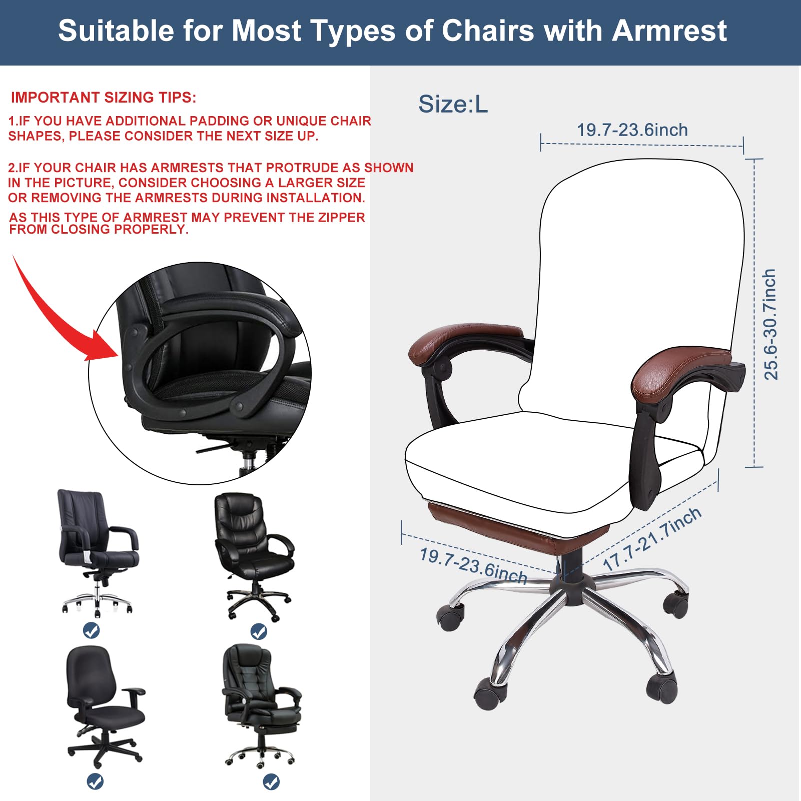 Stretchable Office Chair Cover with Armrest Covers - Thick Checked Jacquard High Back Seat Protector - Universal Fit for Rotating Desk Chairs (Large Size, Black) - Perfect for Home Office, Gaming & Conference Room Use