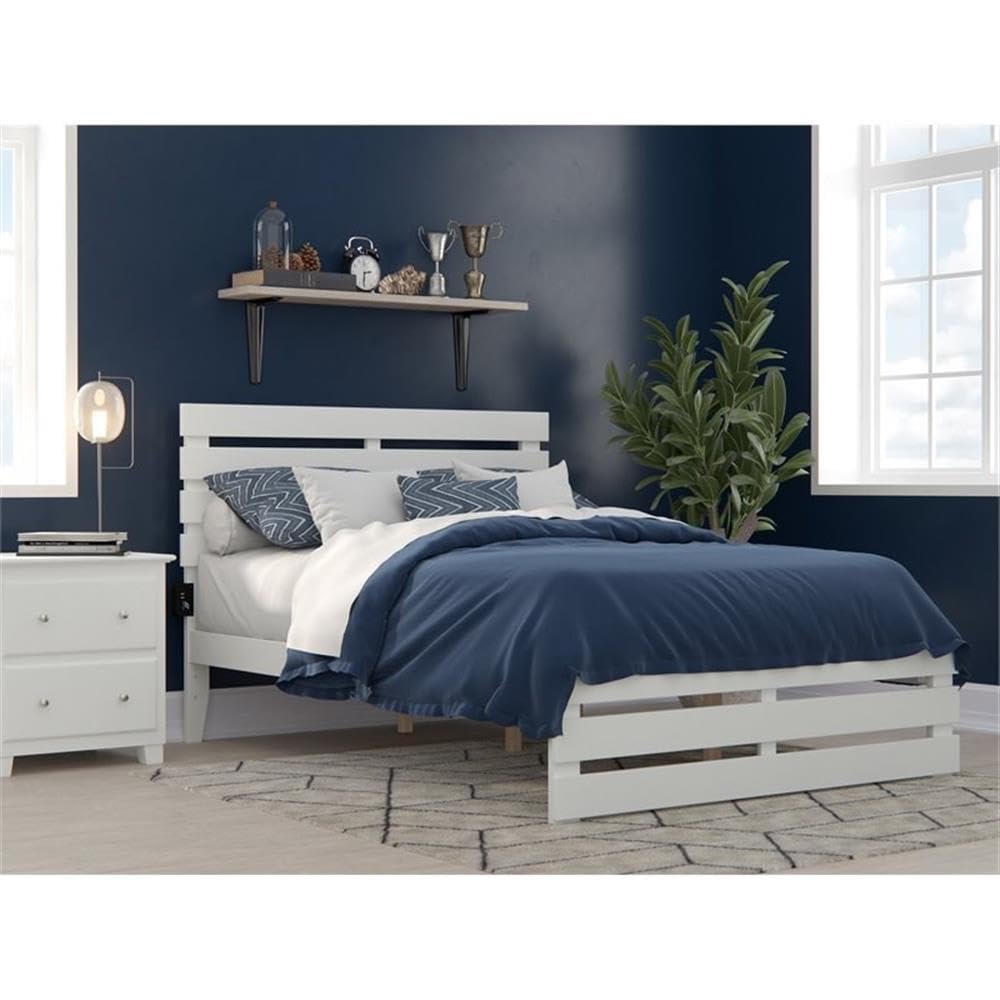 BOWERY HILL Farmhouse Solid Wood Full Size Bed Frame with Footboard & USB Charging Ports - White - Perfect for Modern Farmhouse Bedrooms & Guest Rooms