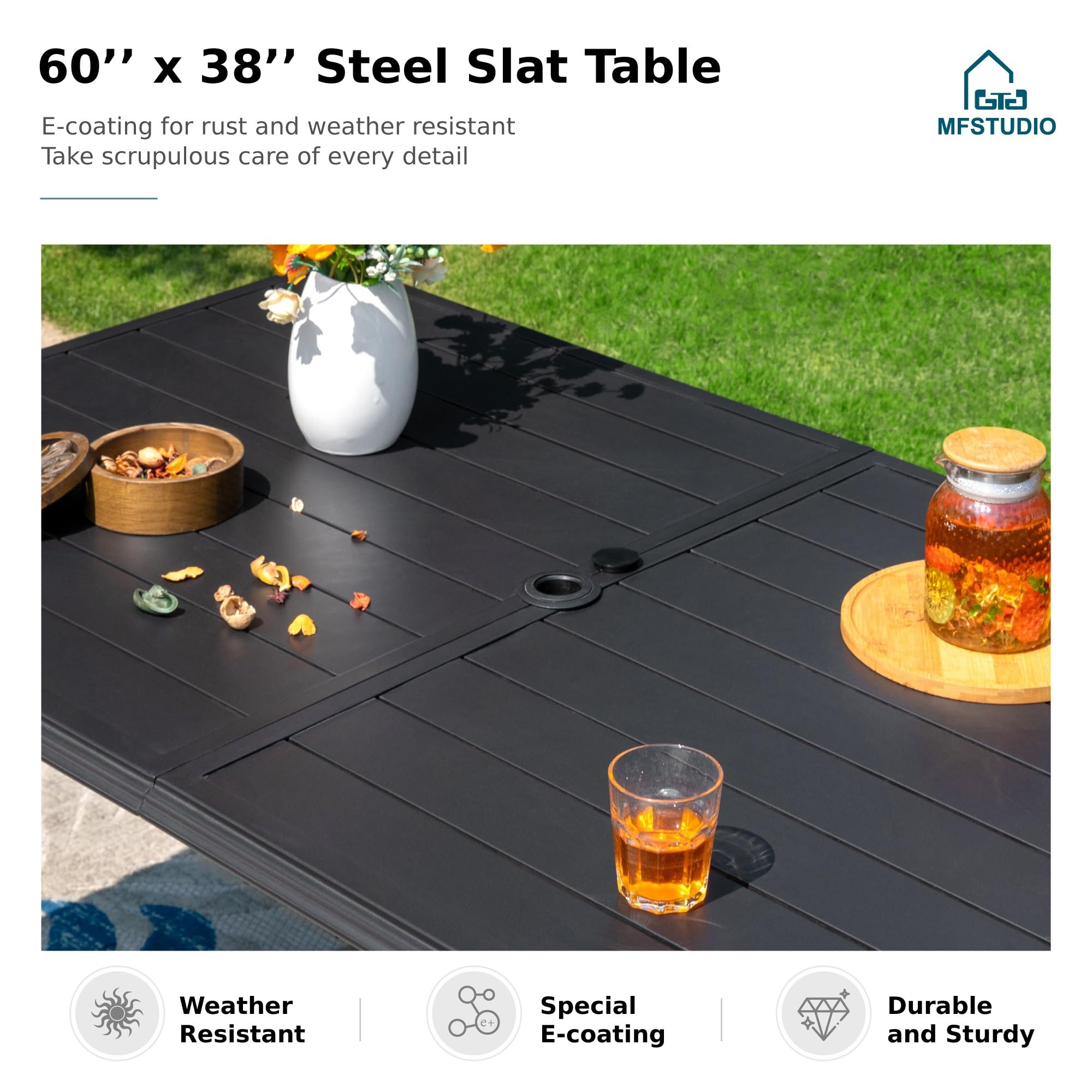 MFSTUDIO 60 Inch Large Black Metal Outdoor Dining Table - Rectangle Patio Table with 1.77