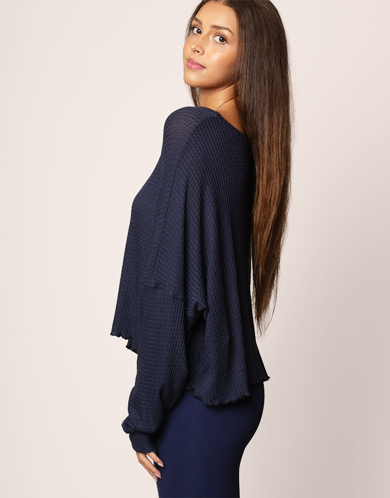 Oversized Waffle Knit Sweater Women's Navy Blue Long Sleeve Casual Pullover for Fall Winter Outfits | Cozy Loungewear & Layering Essential