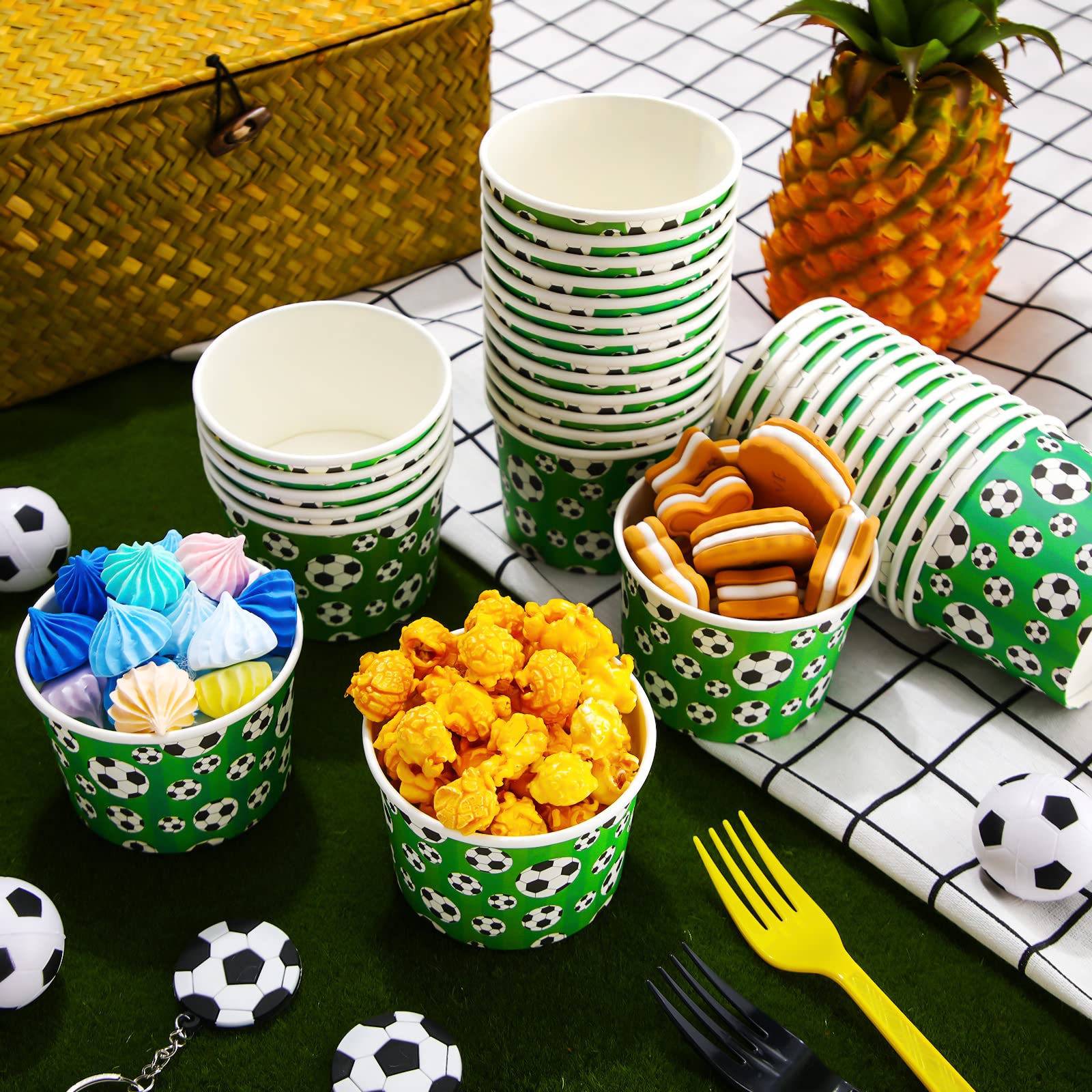 50 Pack 9 oz Disposable Paper Cups - Sports Party Snack Bowls for Ice Cream, Desserts, Soup, Hot & Cold Food - Eco-Friendly & Leak-Proof - Perfect for Birthday Parties, Picnics, BBQs (Soccer Design)