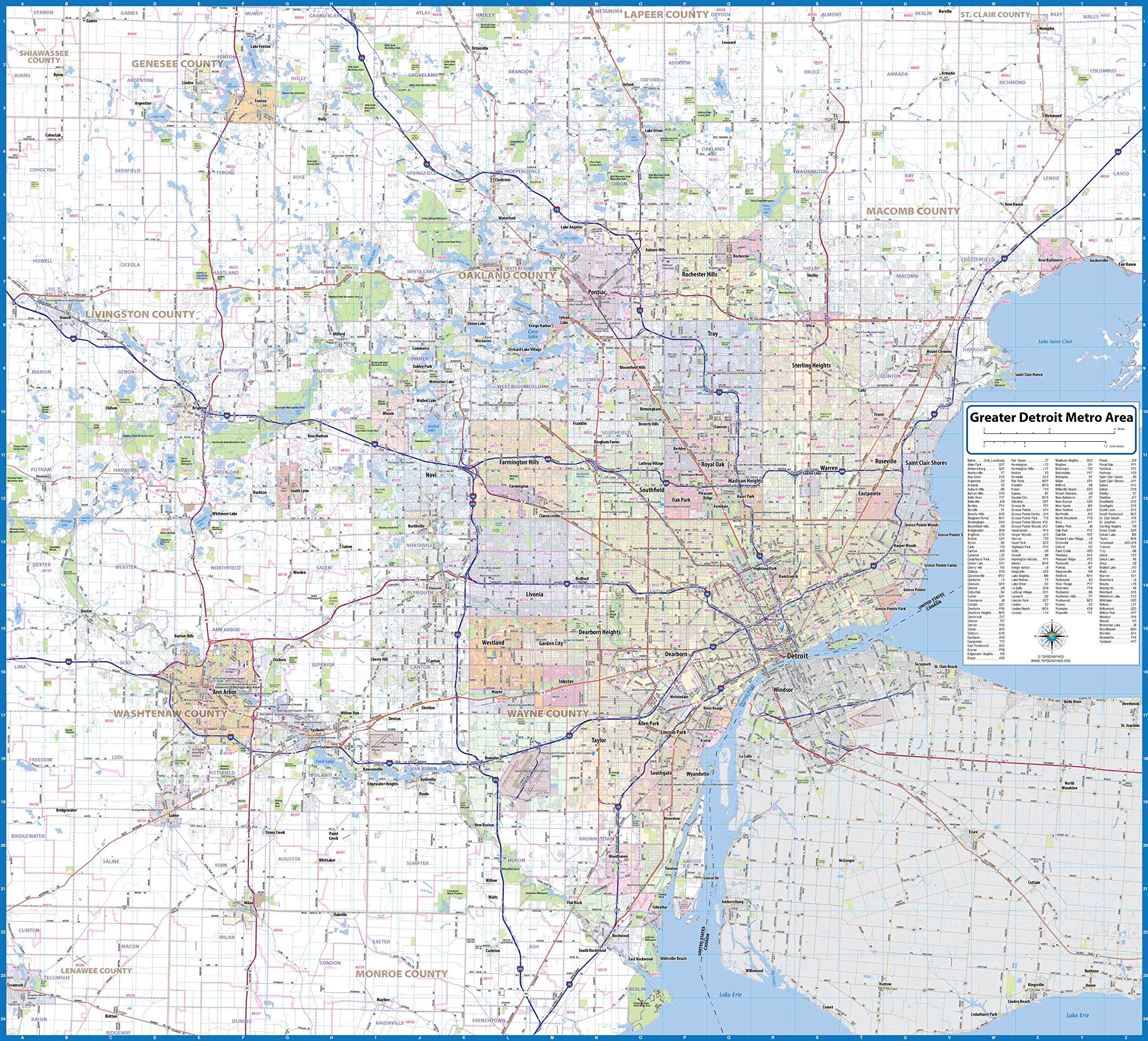 Greater Detroit Metro Area Laminated Road Wall Map - 46