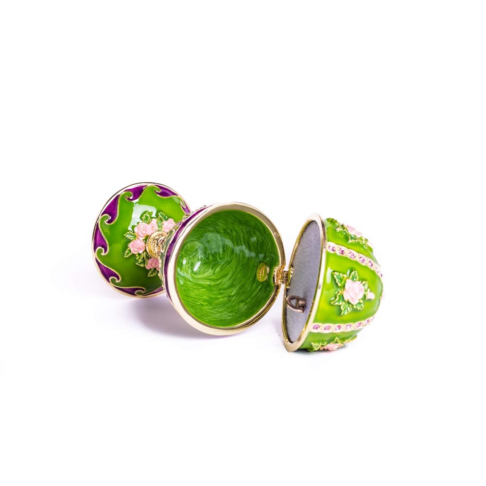Golden Green Faberge Egg Music Box with Austrian Crystals - Handcrafted Russian Easter Egg Trinket Box Decorated with Flowers | Collectible Gift for Home Decor, Easter Celebration & Luxury Jewelry Storage