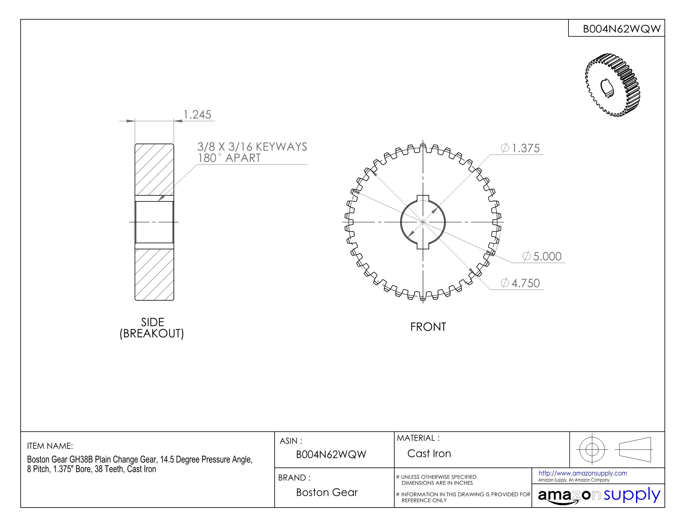 GH38B Plain Change Gear - 14.5° Pressure Angle, 8 Pitch, 1.375
