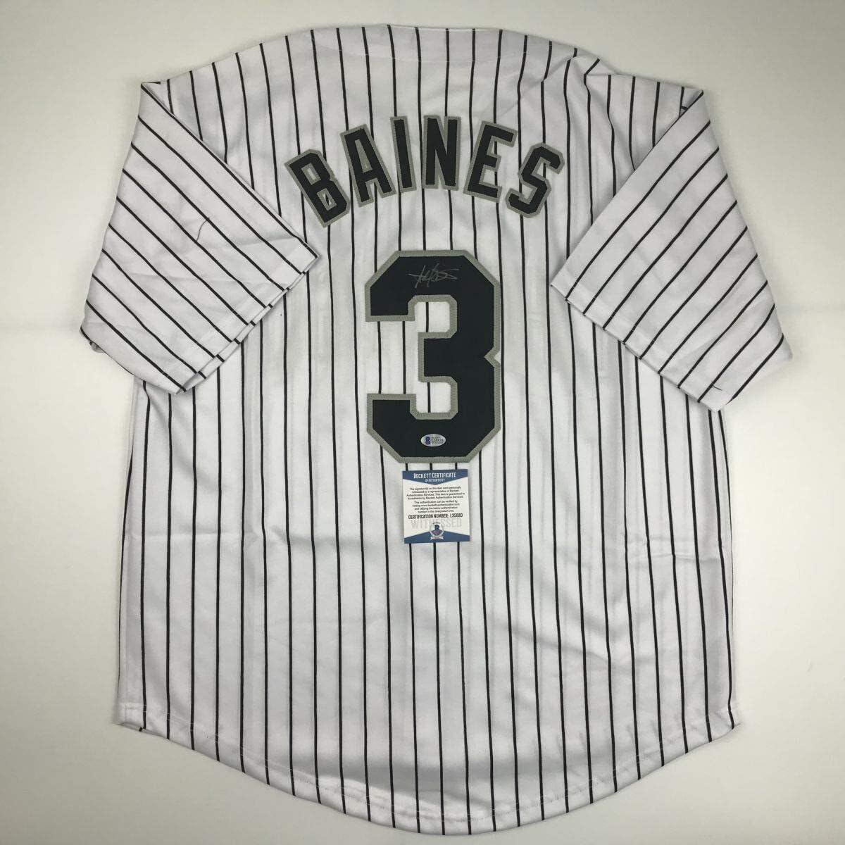 Authentic Autographed Harold Baines Chicago White Sox Pinstripe Baseball Jersey with Beckett BAS COA - Perfect for Collectors, Sports Memorabilia Displays, and White Sox Fans