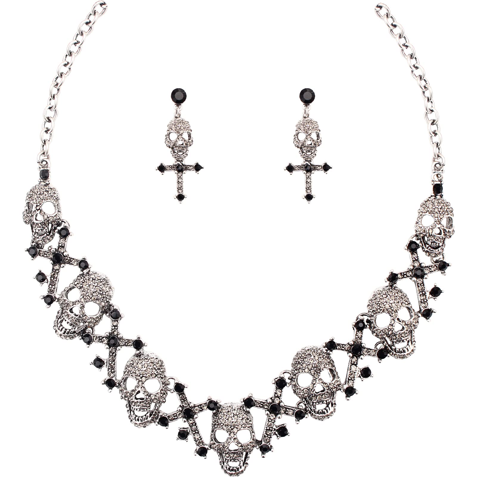 SFE Women’s Punk Vintage Crystal Necklace & Earrings Set - Gothic Jewelry for Halloween, Cosplay, Parties, and Everyday Wear - Platinum-Plated Costume Jewelry for Women and Girls