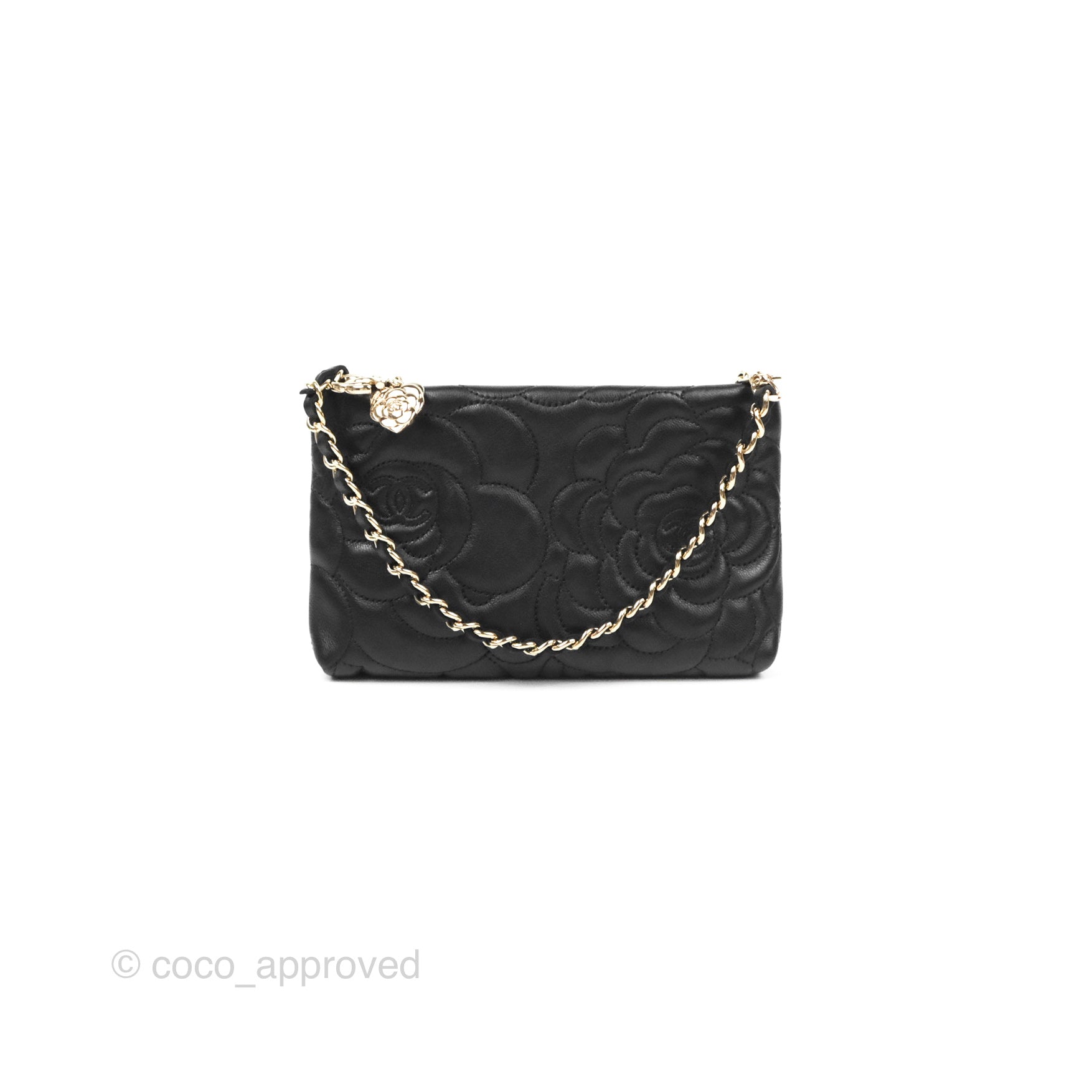 Chanel Camellia Pochette Clutch Bag - Black Lambskin Leather with Gold-Tone Hardware | Evening Bag, Wedding Clutch, Luxury Handbag for Women