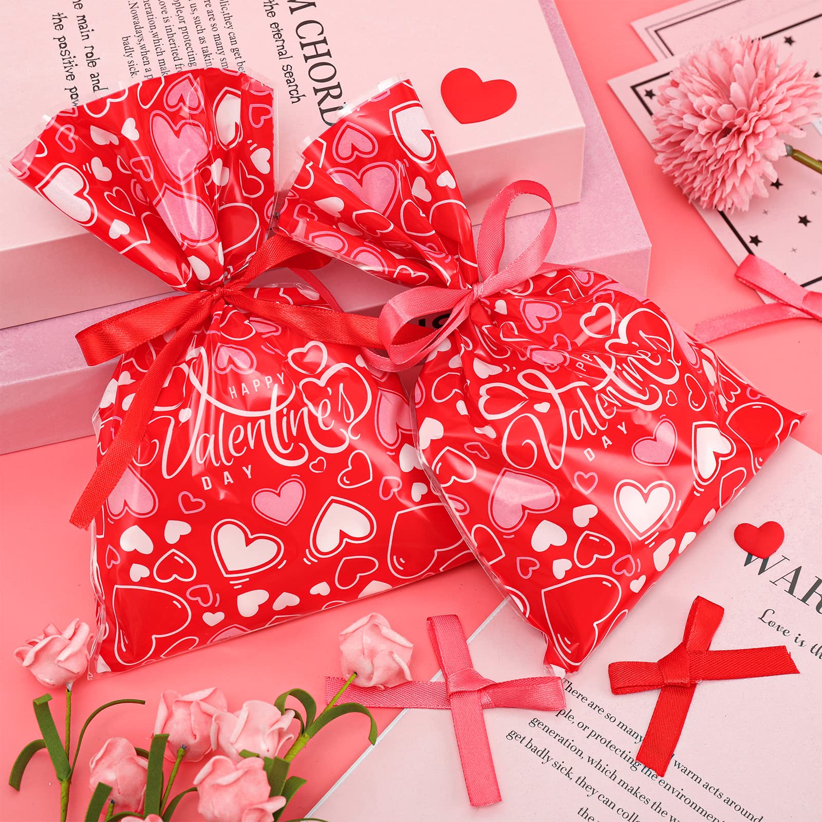AnyDesign 100Pcs Valentine's Day Treat Bags - 6x9 Inch Red Heart Candy Cellophane Goodie Bags with Red & Pink Ribbon for Valentine's Party Favors, Gifts & Classroom Treats | Perfect for Candy, Cookies, Party Favors & Gift Wrapping