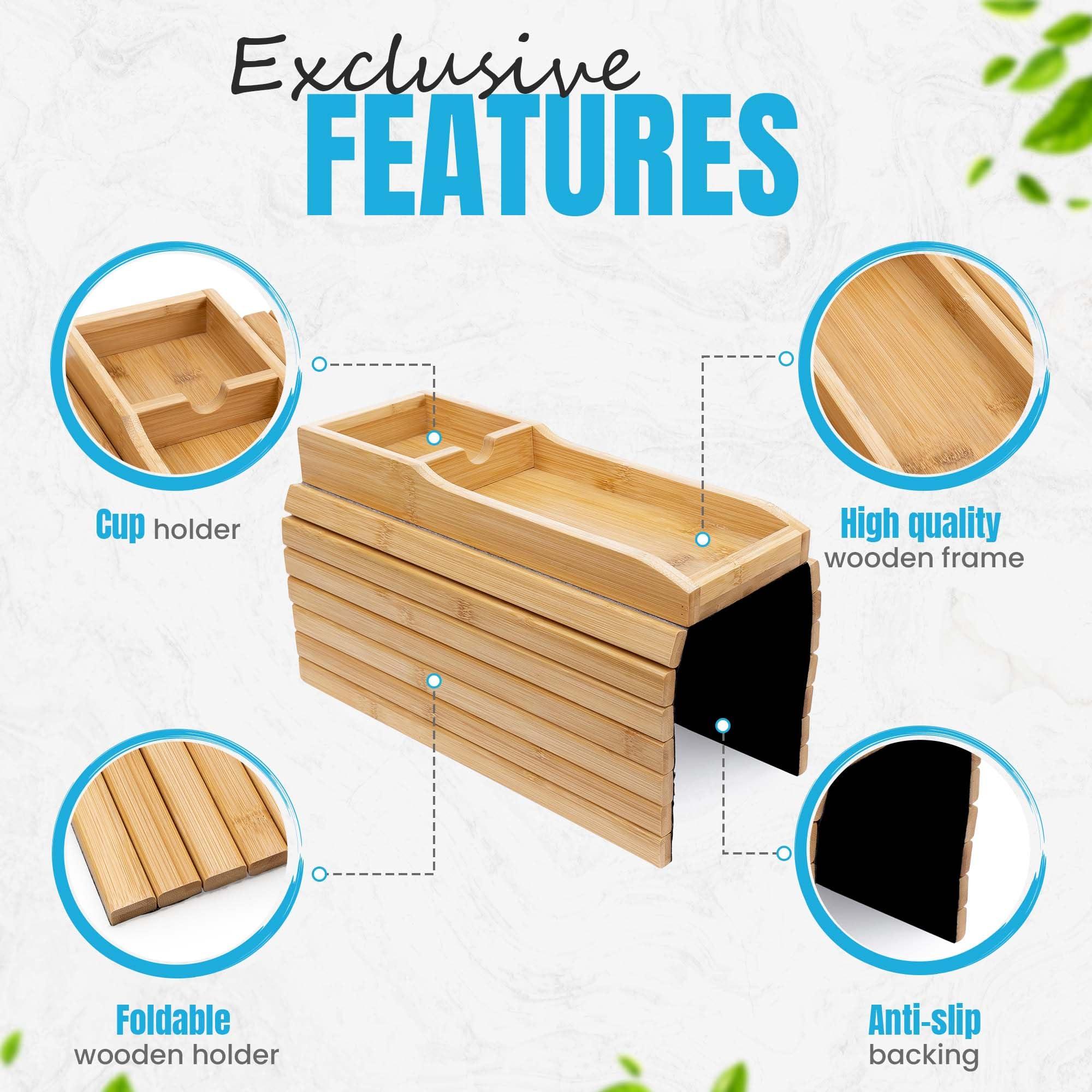 2-Pack Anti-Slip Bamboo Couch Cup Holder Tray - Foldable Sofa Arm Organizer for Drinks, Snacks, Remote & Phone - Easy Clean Couch Caddy for Movie Nights, Gaming & Relaxing in Living Room