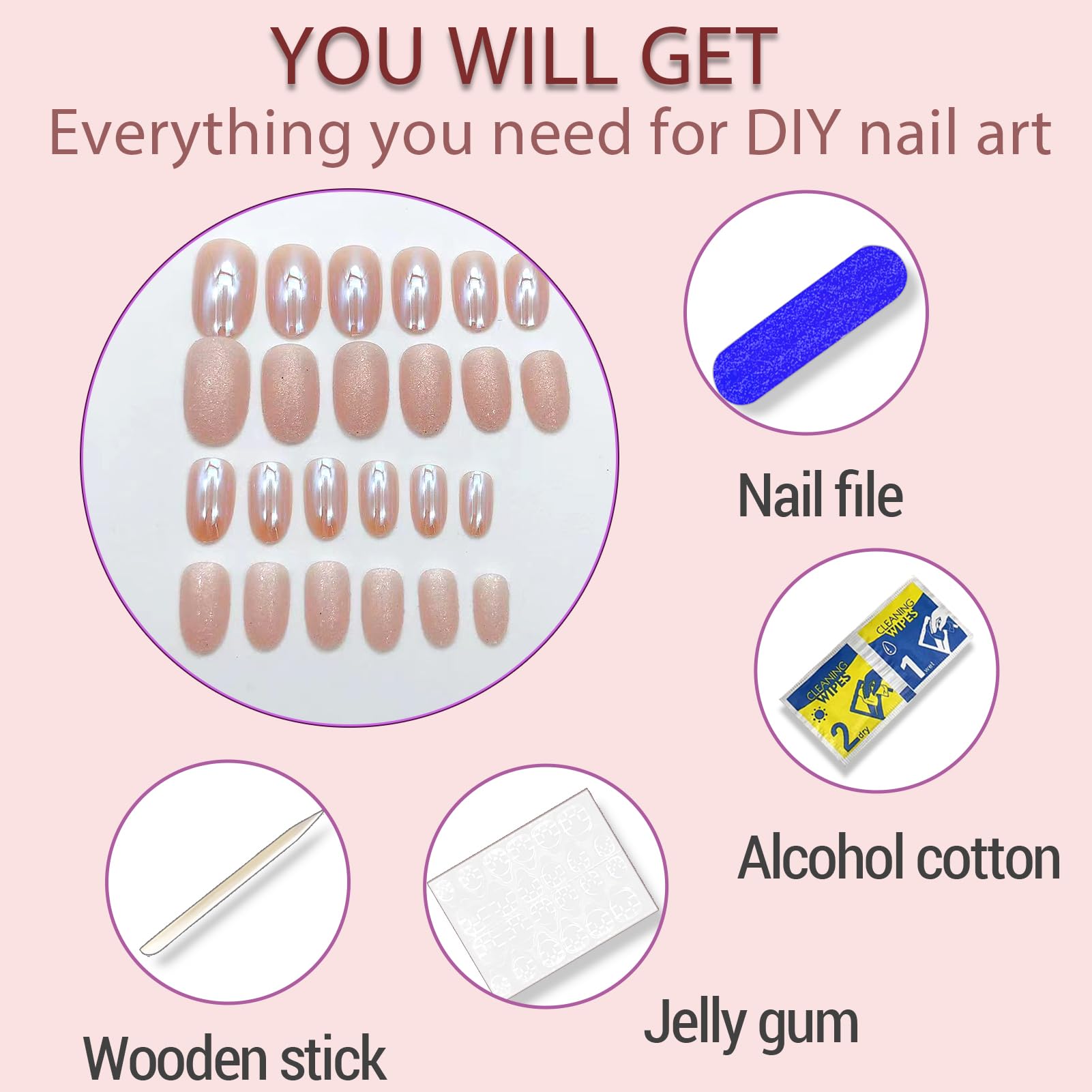 24Pcs Short Round Almond Press on Nails - Chrome Gloss Fake Nails with Glitter Powder Designs, Acrylic Artificial Stick on Nails for Women | Perfect for Parties, Weddings & Everyday Wear