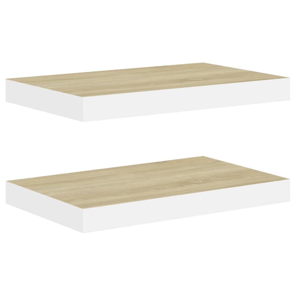 Floating Wall Shelves Set of 2 - Oak & White MDF Display Storage Shelves (19.7