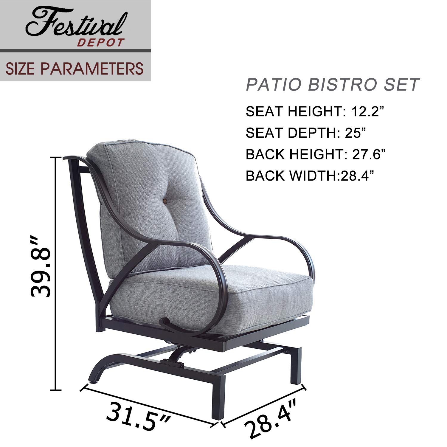 Festival Depot 2-Piece Metal Patio Chair Set with Thick Cushions - Outdoor Bistro Furniture for Deck, Garden & Backyard (Grey) - Perfect for Relaxing, Entertaining & Outdoor Dining