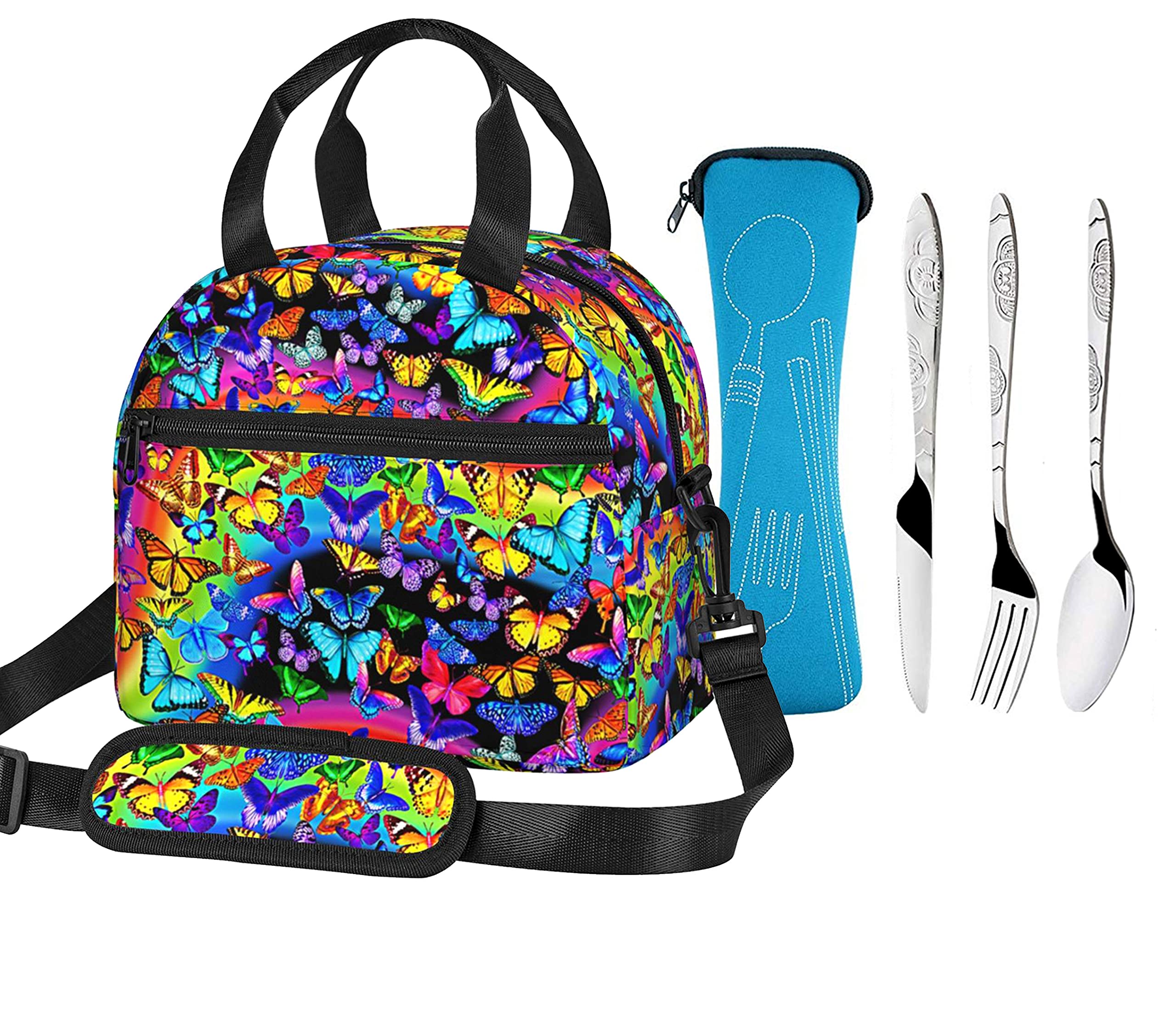 Bright Butterfly Insulated Lunch Bag with Stainless Steel Flatware Set (Fork, Spoon, Knife) - Water-Resistant Cooler Tote with Zipper for Women - Perfect for Work, Picnic, Travel & Outdoor Activities