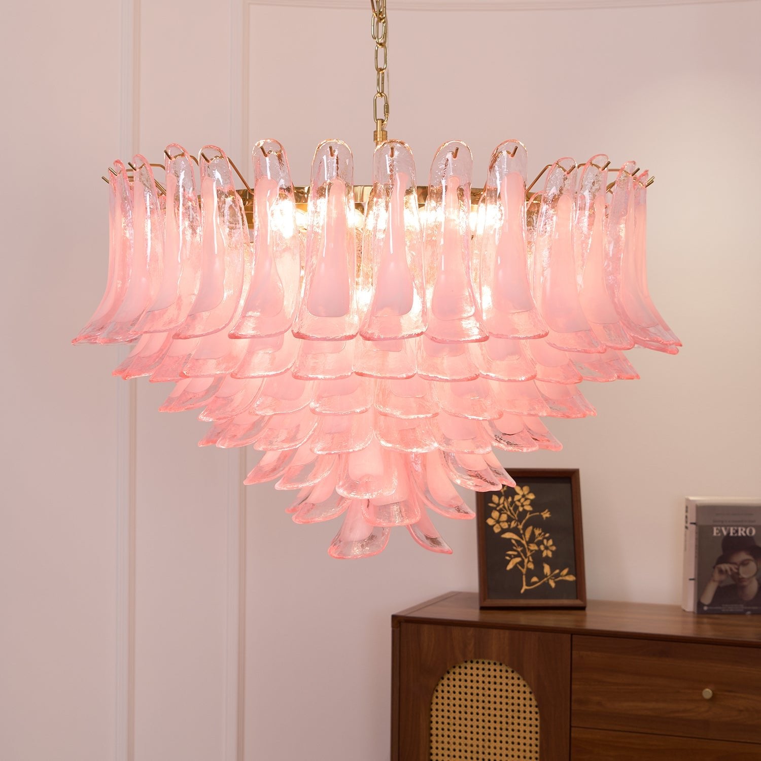 Elegant Blush Pink Murano Glass Chandelier - Handcrafted Italian Crystal Ceiling Light Fixture for Dining Room, Bedroom & Luxury Home Decor