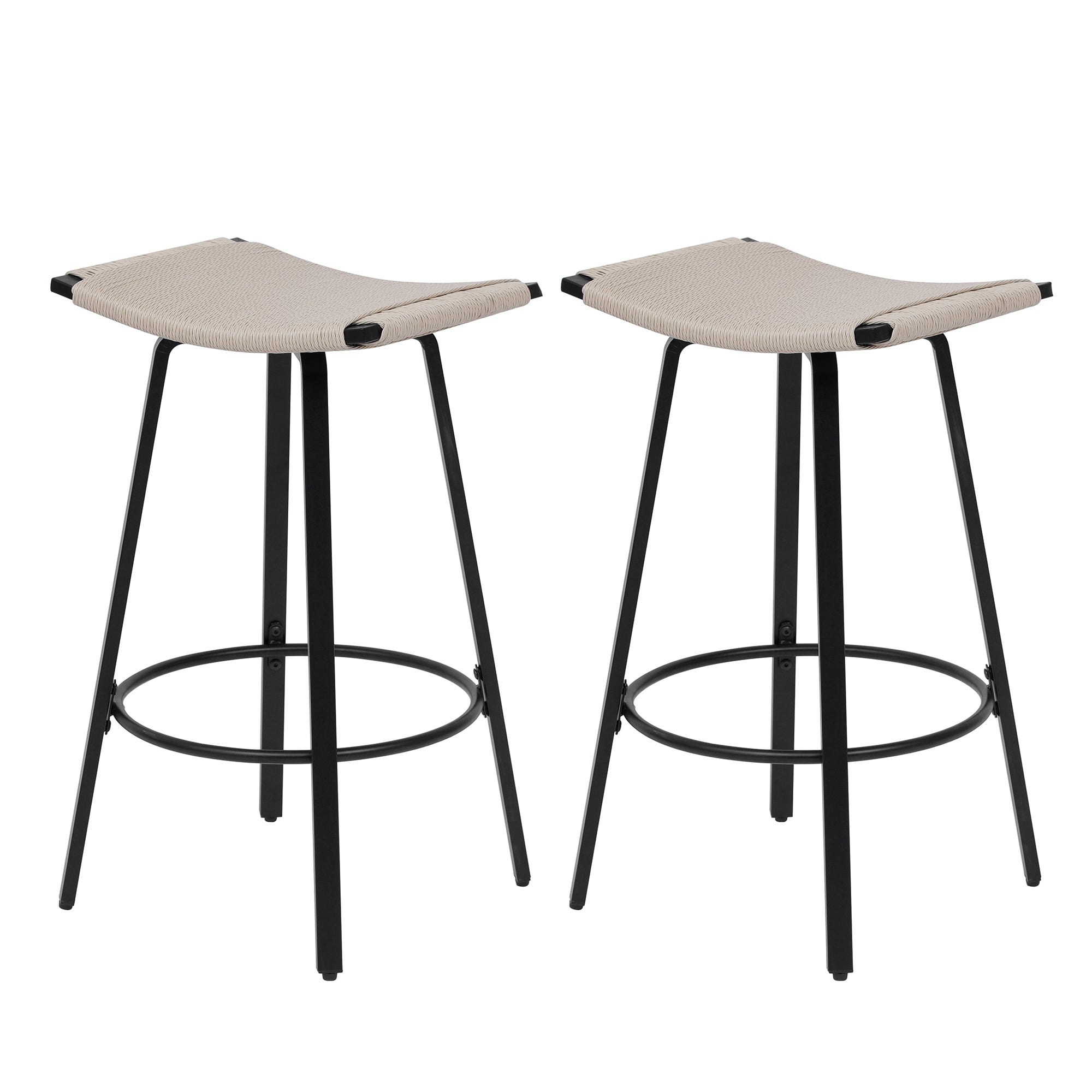 Handwoven PVC Counter Height Bar Stools Set of 2 - Backless Kitchen & Dining Chairs with Round Footrest - Indoor & Outdoor Pub Stools in Black & Creamy White - Perfect for Kitchen Islands, Breakfast Bars, and Outdoor Patios