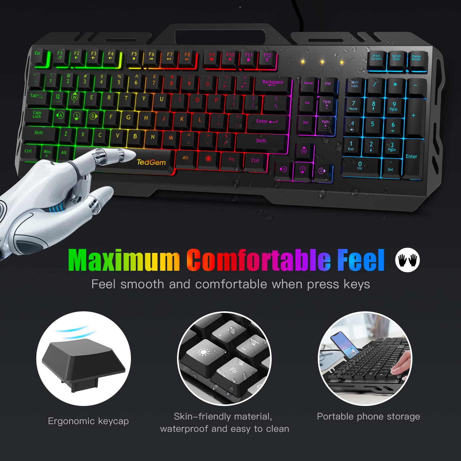 TedGem Wired Gaming Keyboard - All-Metal Panel, LED Backlit, Spill-Resistant, Designed for Windows Gamers, Perfect for Desktop Gaming and Office Use