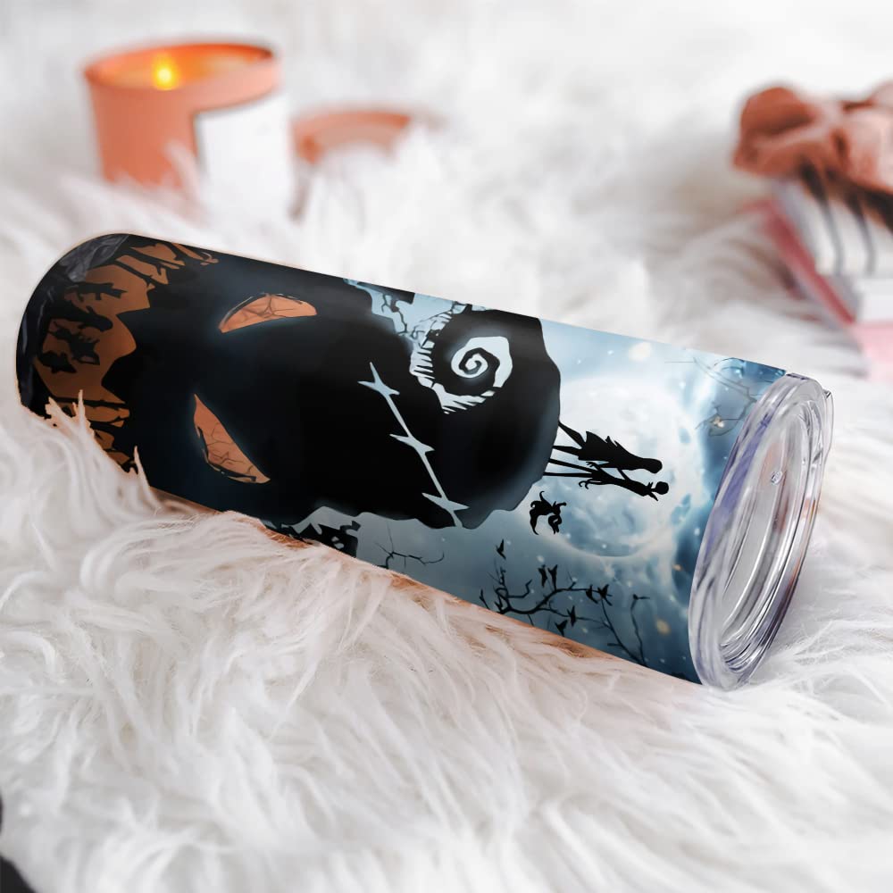 Nightmare Before Christmas Skinny Tumbler 20oz - Insulated Stainless Steel Travel Mug with Lid - Perfect Gift for Couples, Wife, Husband & Movie Lovers - Great for Coffee, Tea & Hot/Cold Drinks at Home, Office or Travel