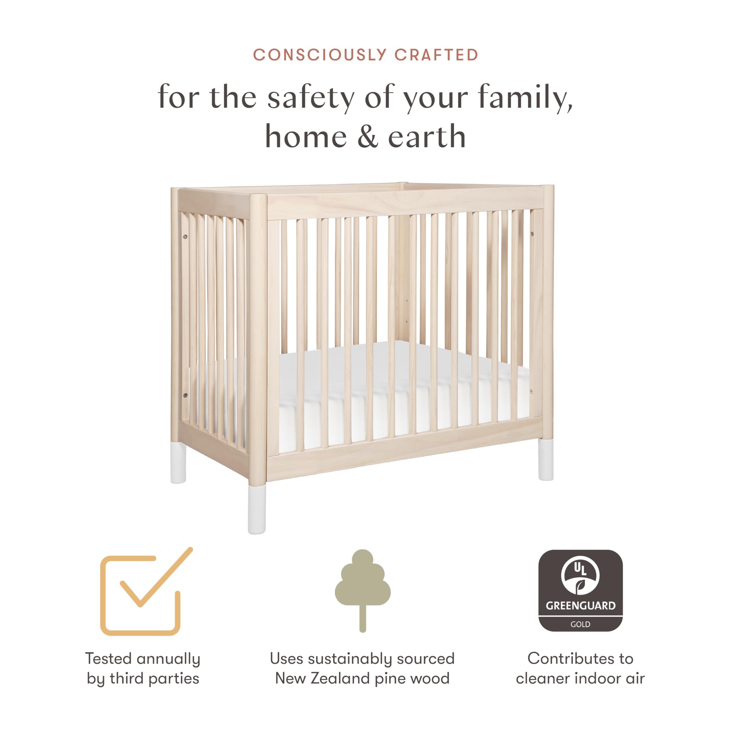 Babyletto Gelato 4-in-1 Convertible Mini Crib - Washed Natural & White - Greenguard Gold Certified - Perfect for Nursery, Small Spaces & Travel
