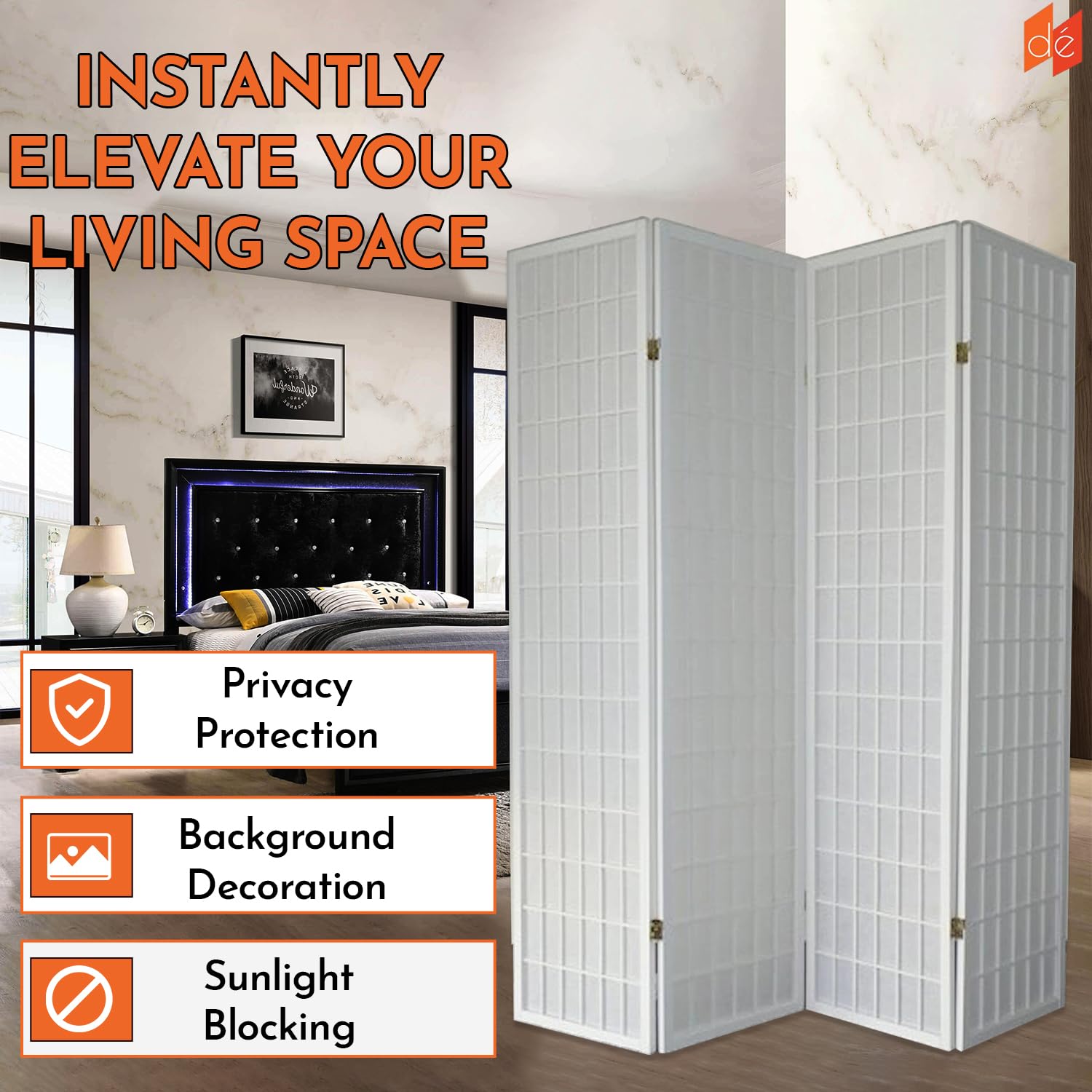 Legacy Decor 4-Panel Room Divider - 6ft Tall Portable Foldable Freestanding Privacy Screen - Shoji Style Dressing Screen for Home Office & Studio - White | Perfect for Creating Private Spaces, Room Separation & Decoration